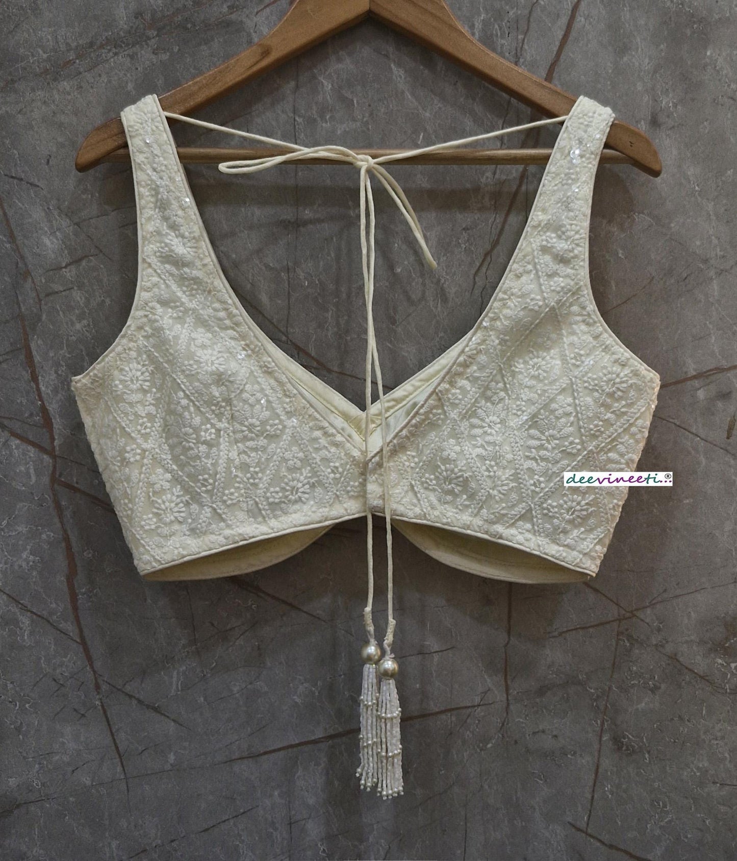 Egg White Embroidered V Neck Blouse DVBL_366