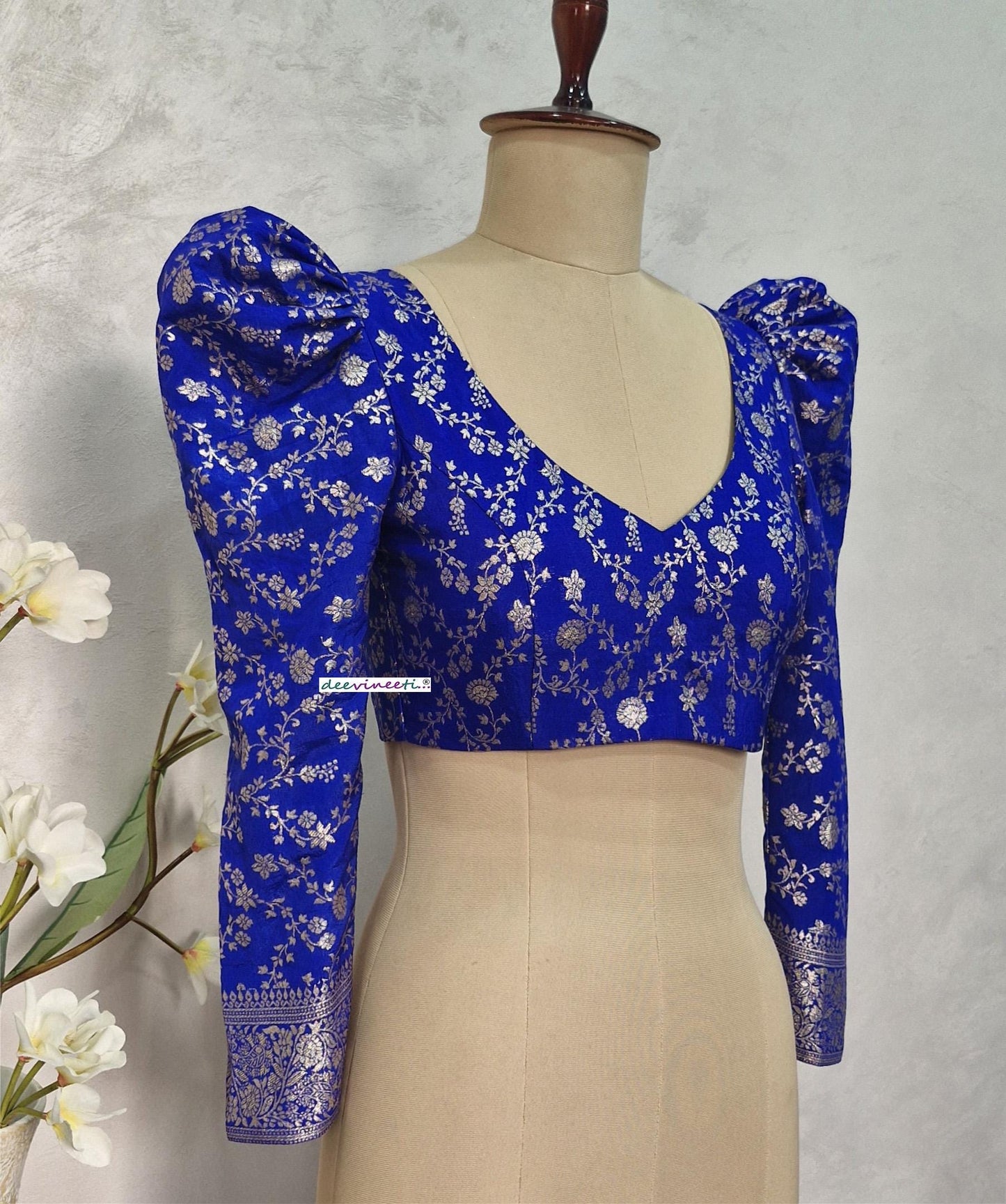 Royal Blue Banarasi Brocade Blouse Full Length Puff Sleeves V Neck DVBL_397