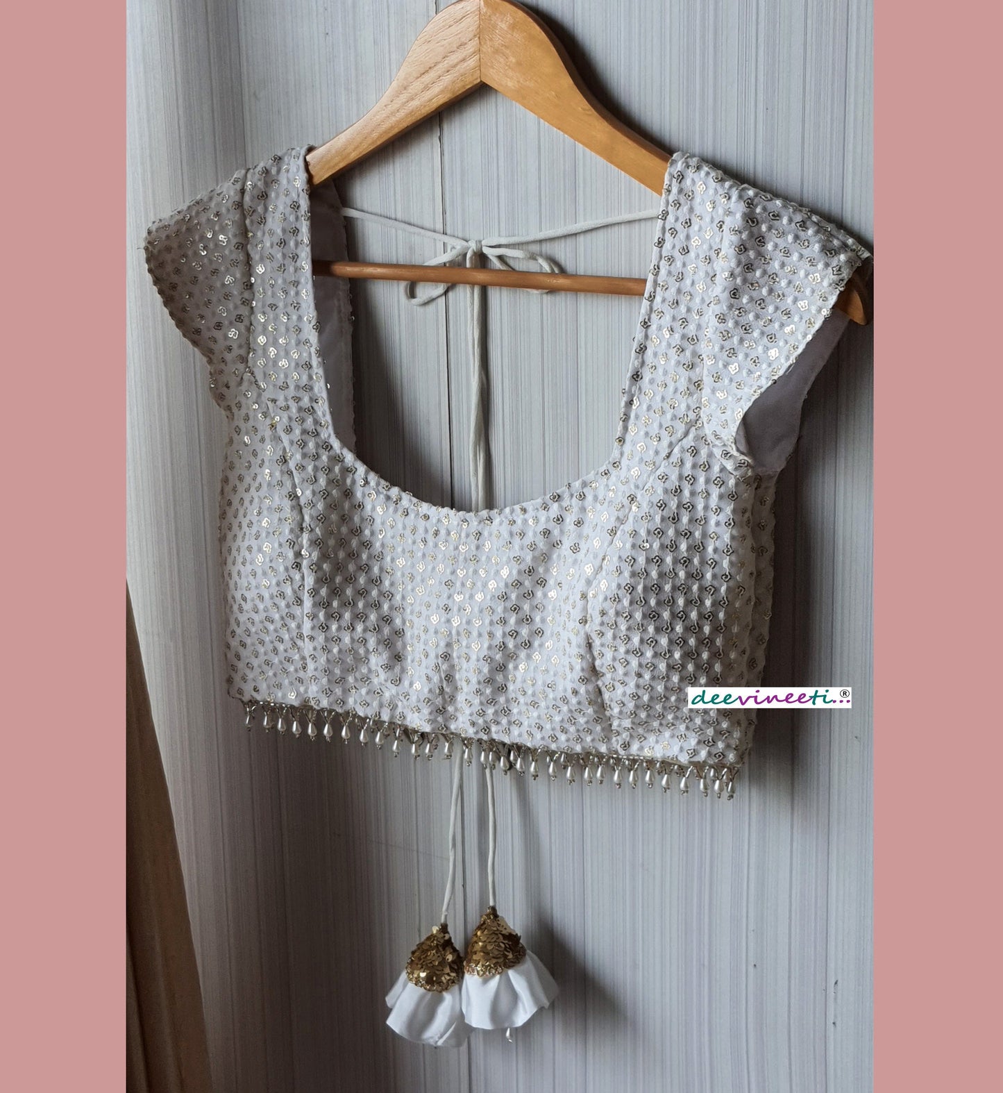 Thread Sequins Embroidered White Cap Sleeves Blouse DVBL_064