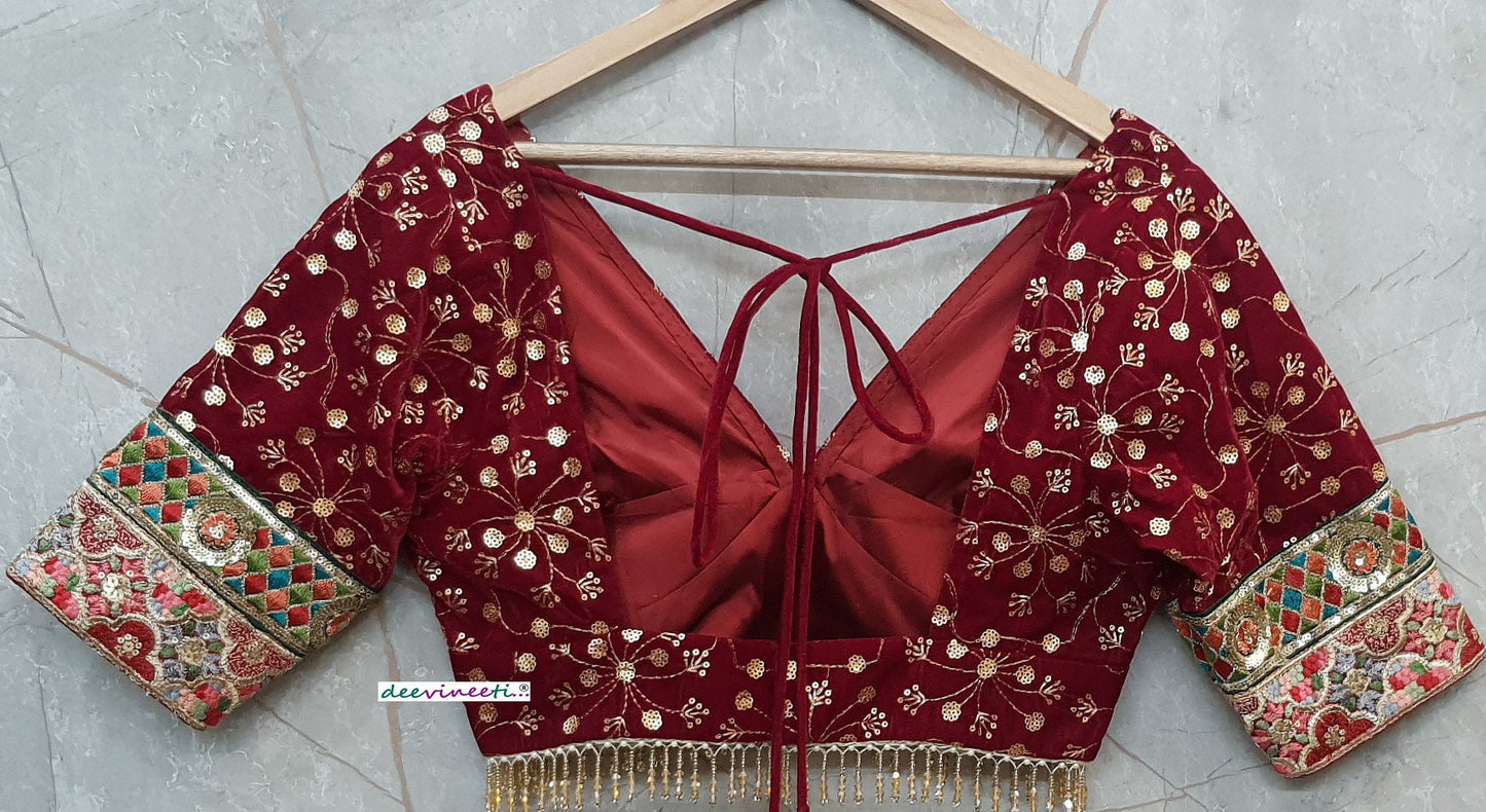 Maroon Embroidered Velvet Deep V Neck Blouse DVBL_200