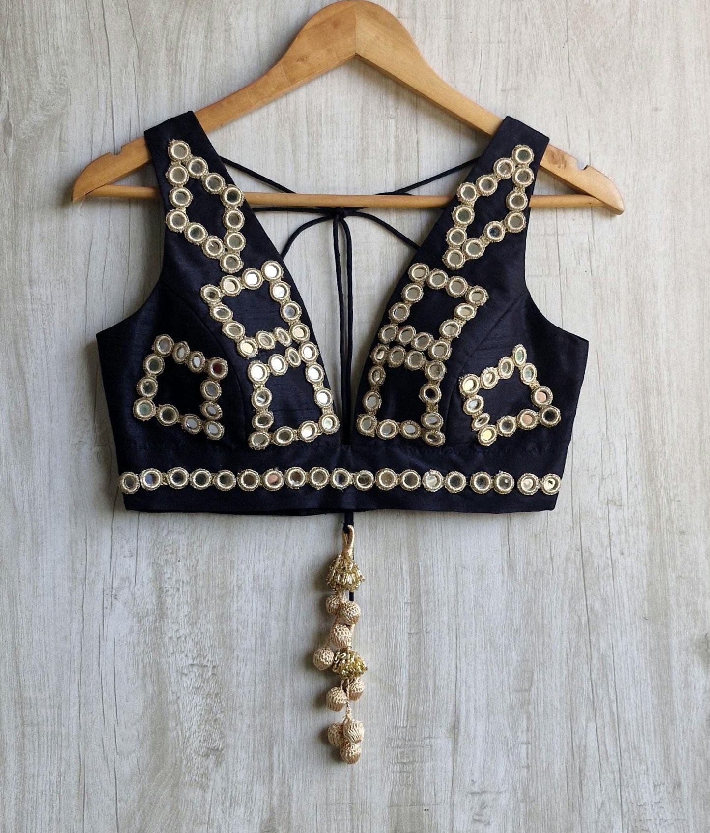 Black Raw Silk Mirror Embroidered Plunge Neckline Blouse DVBL_459
