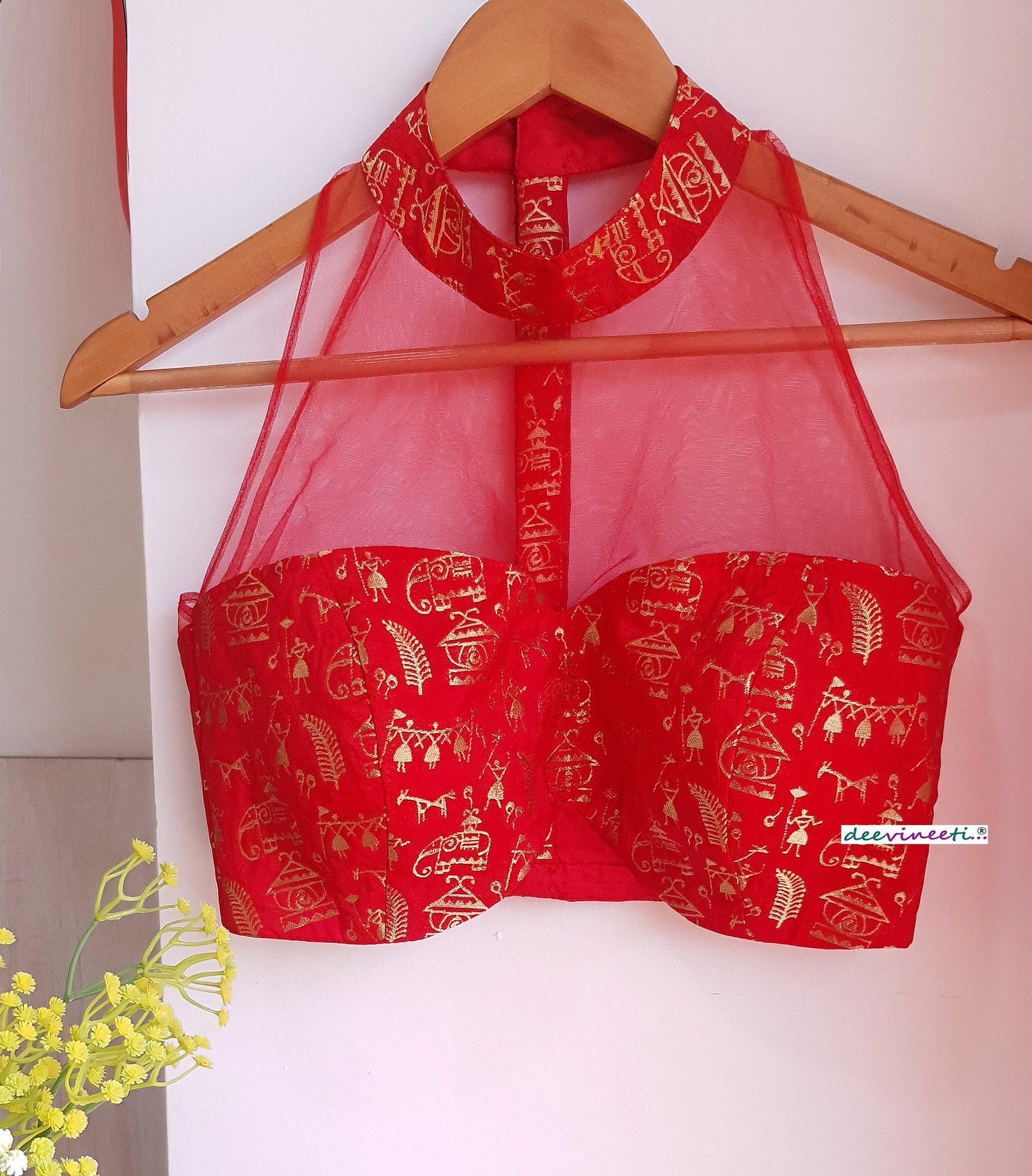 Red Brocade Silk and Net Halter Blouse DVBL_296