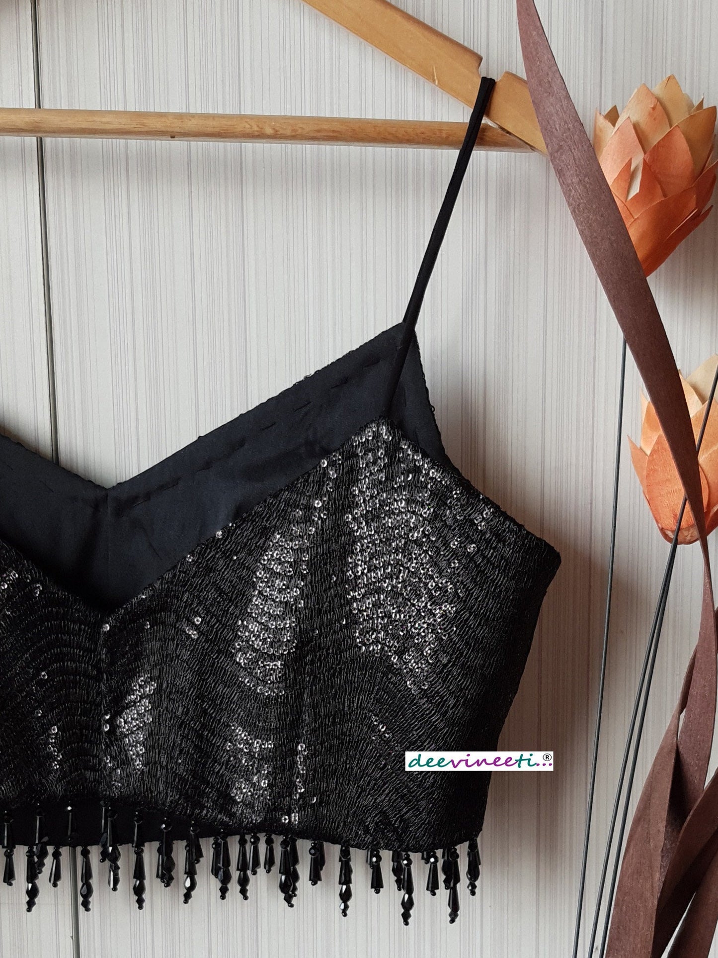 Black Sequins Embroidered Spaghetti Blouse DVBL_179
