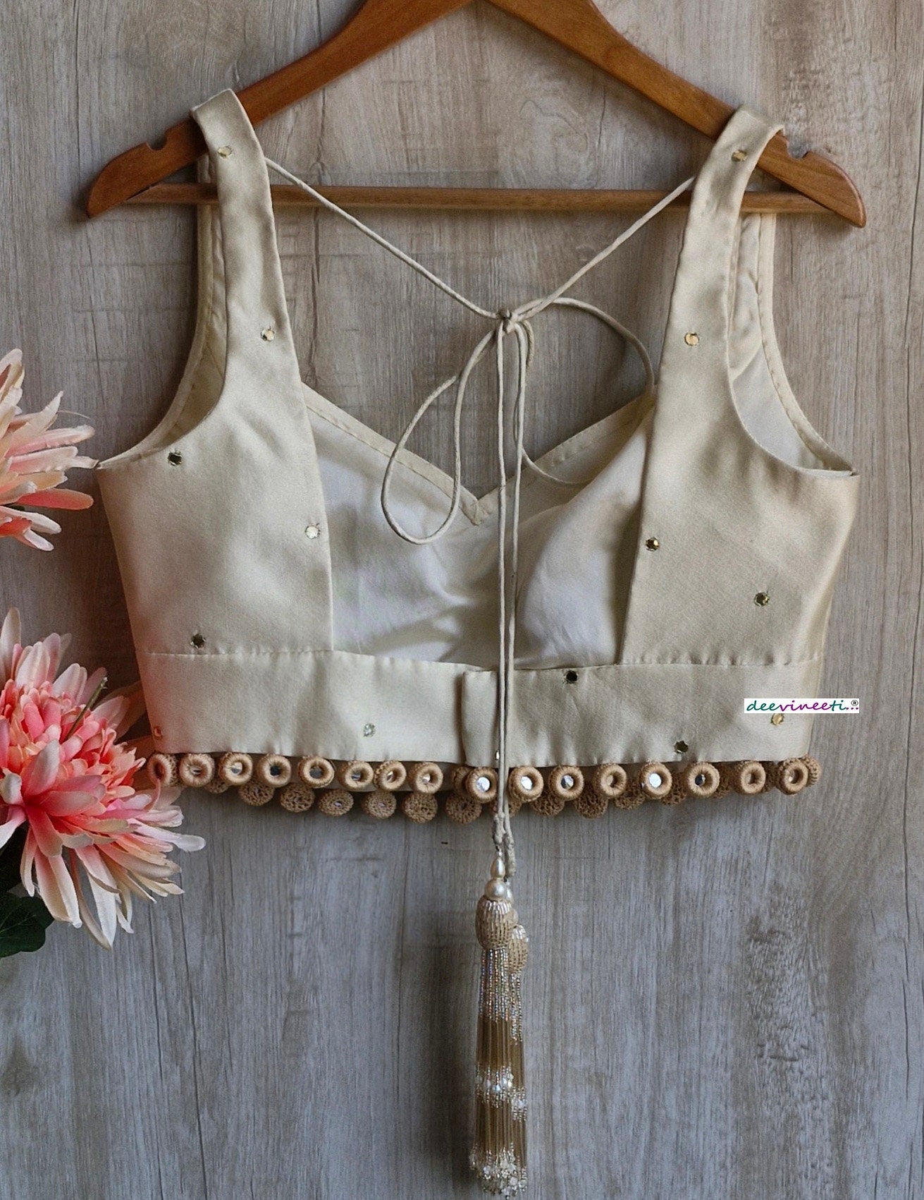 Cream Linen Tissue Silk Semi Sweetheart Neck Blouse DVBL_351