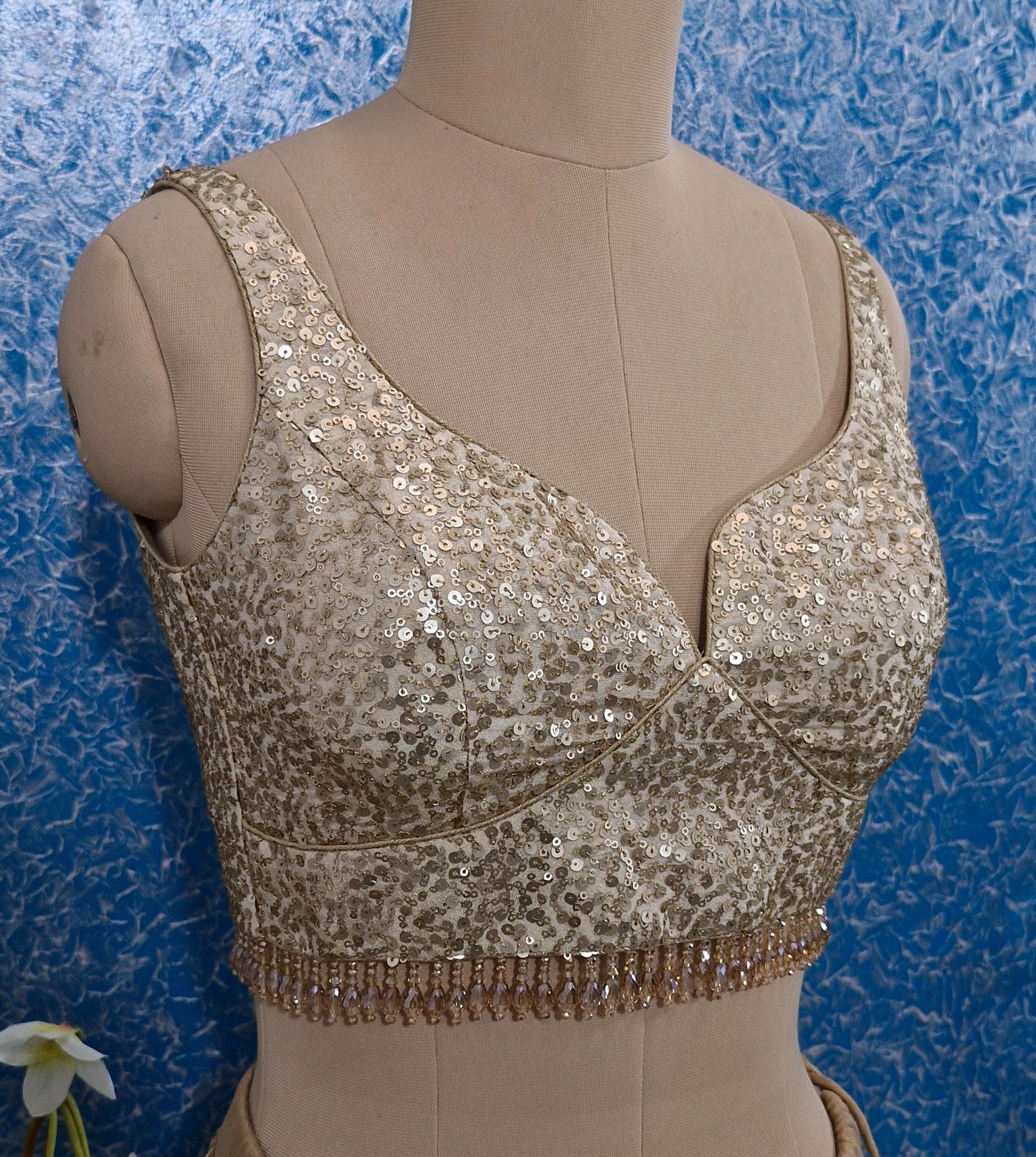 Light Gold Sequins Tissue Silk Sweetheart Neck Blouse DVBL_435