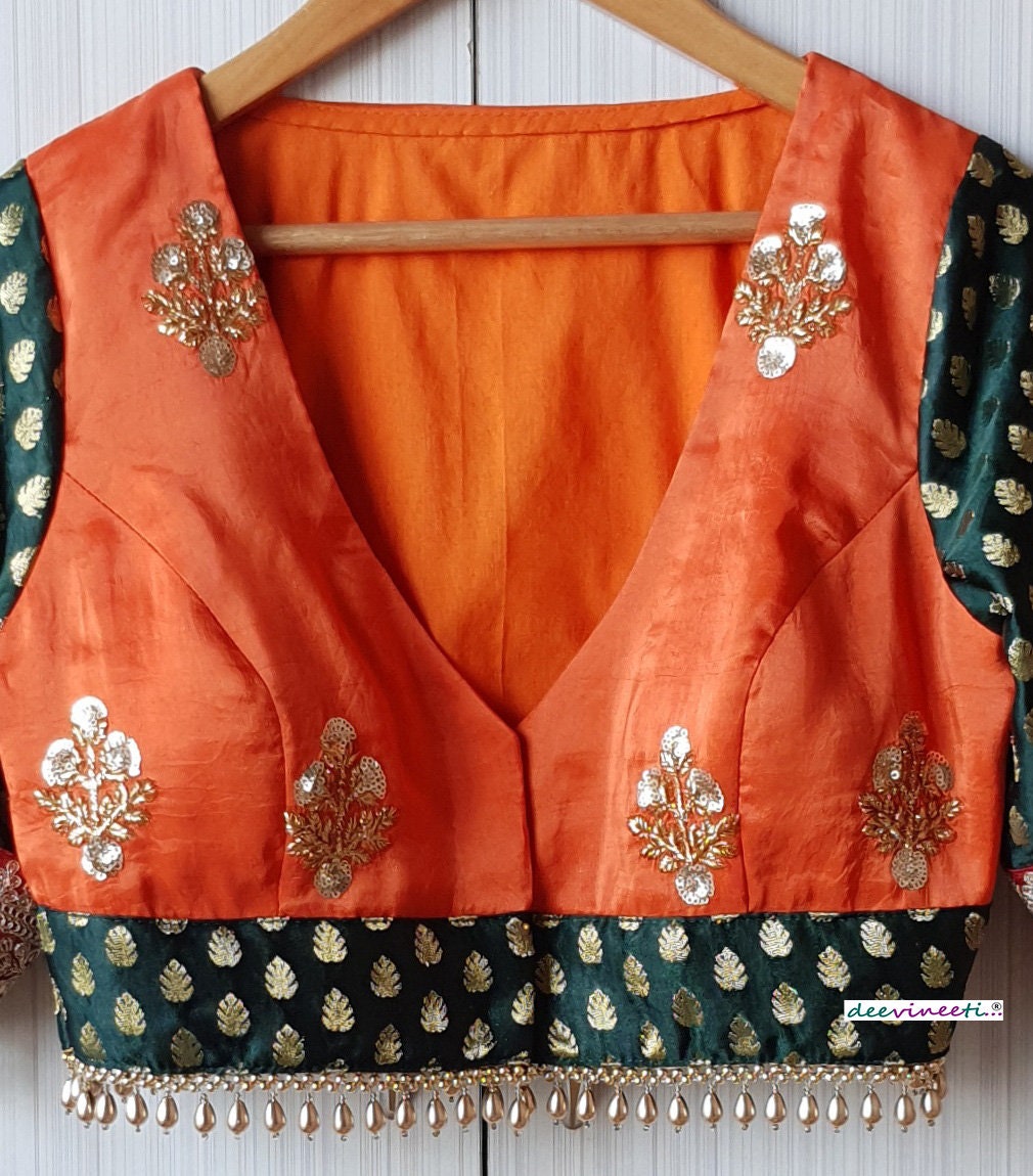 Orange and Green Silk Embroidered  Deep V Neck Blouse  DVBL_218