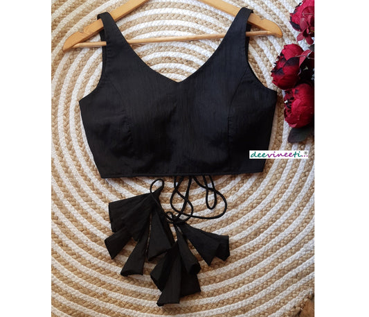 Raw Silk V Neck Open Back Solid Blouse DVBL_118