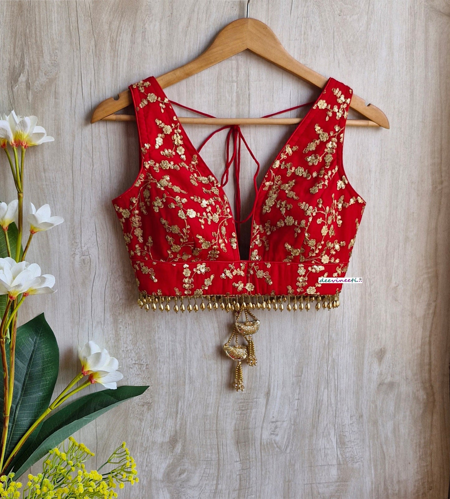 Red Embroidered Plunge Neckline DVBL_310