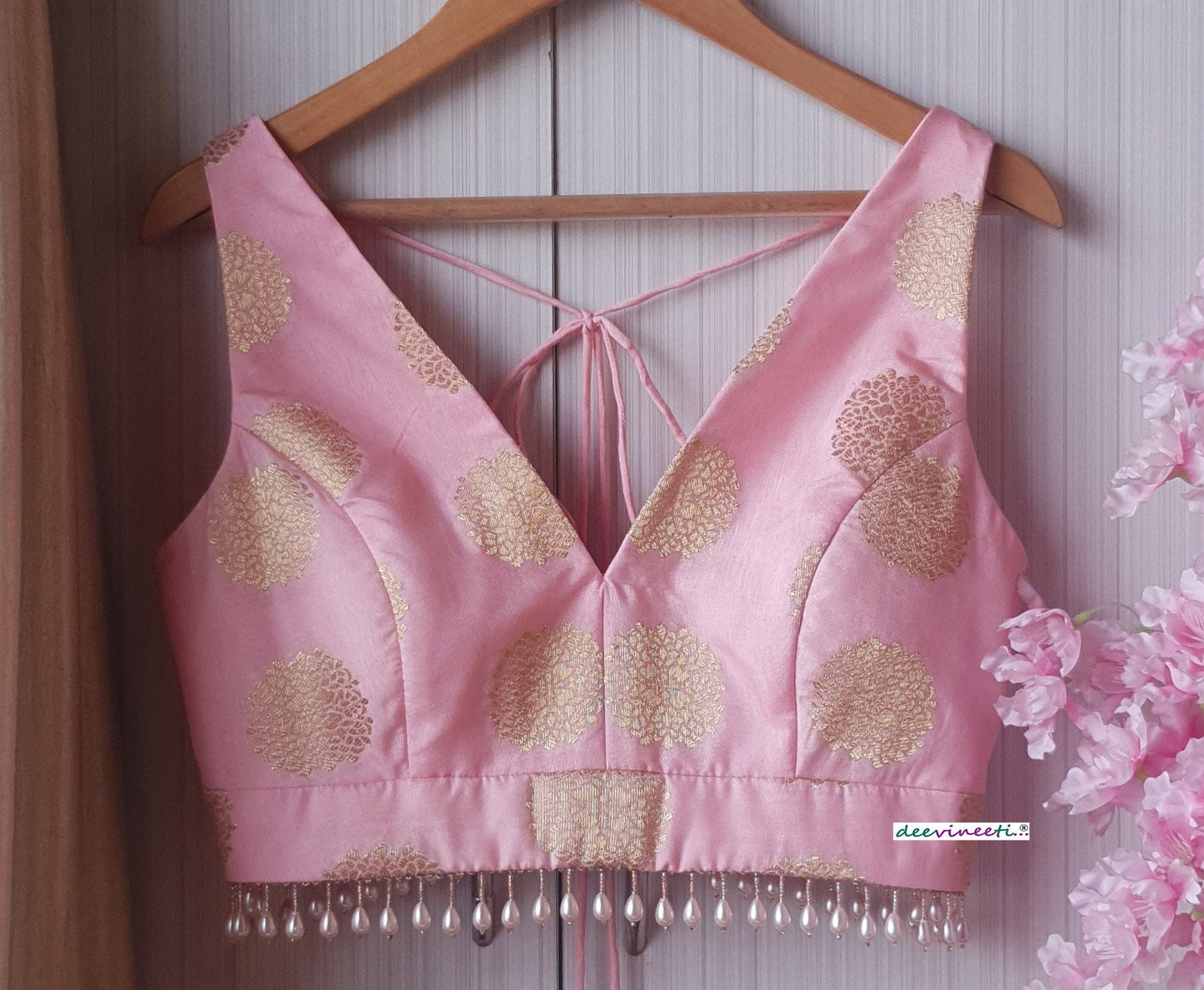 Pink Brocade Silk Blouse V Neck DVBL_192