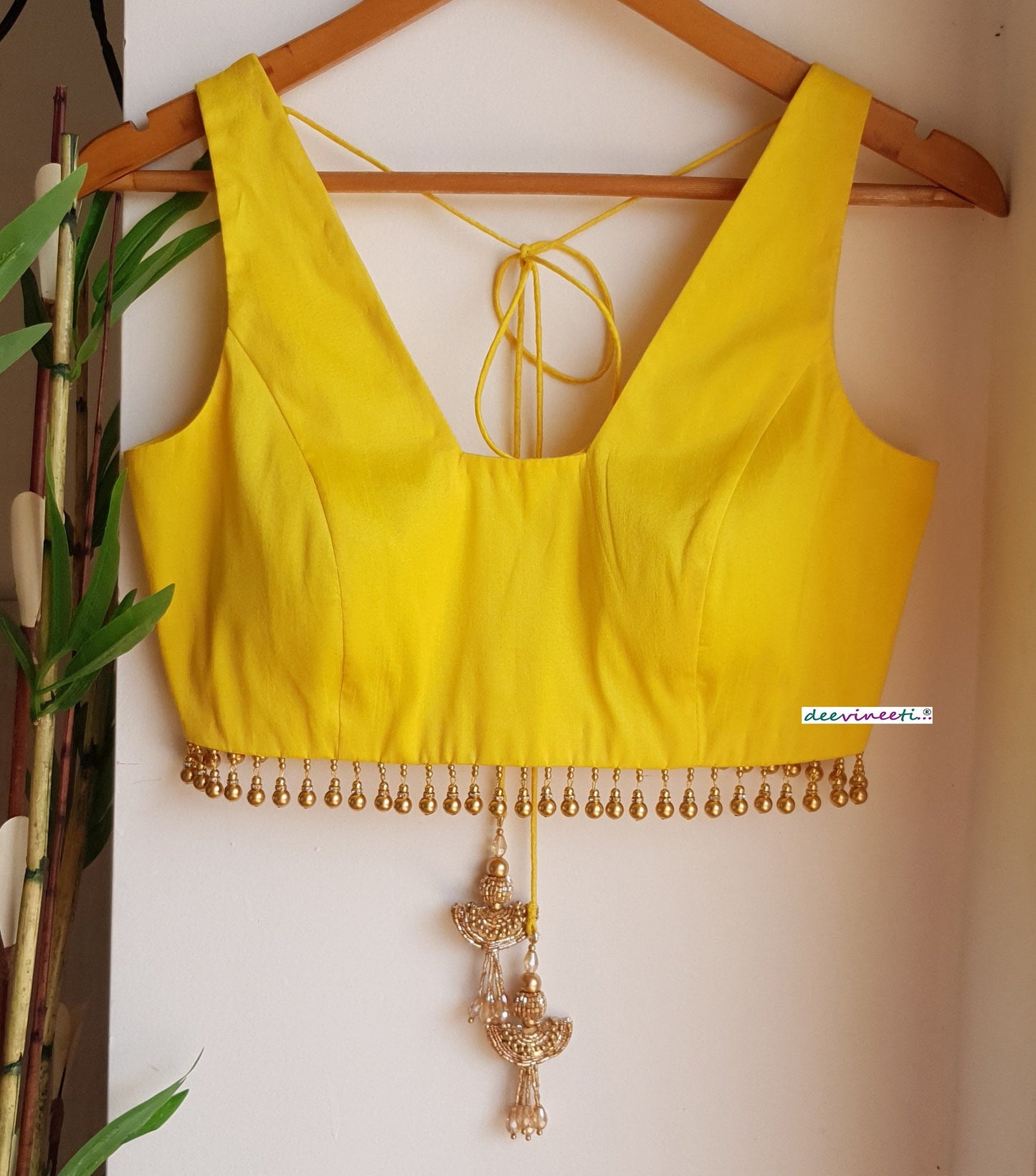 Yellow Raw Silk Trapeze Neck Blouse DVBL_291