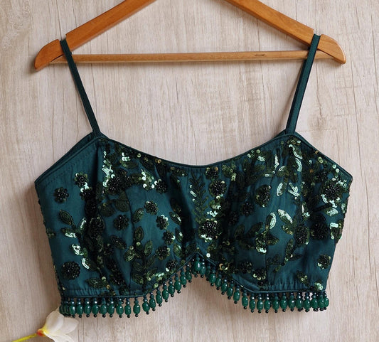 Bottle Green Embroidered Spaghetti Blouse DVBL_454