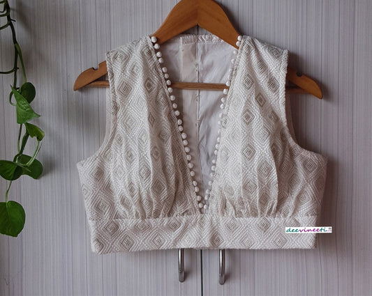 Ivory Chikankari Plunge Neckline Blouse DVBL_249