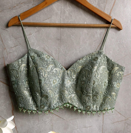 Moss Green Embroidered Georgette V Neck Spaghetti Blouse DVBL_440