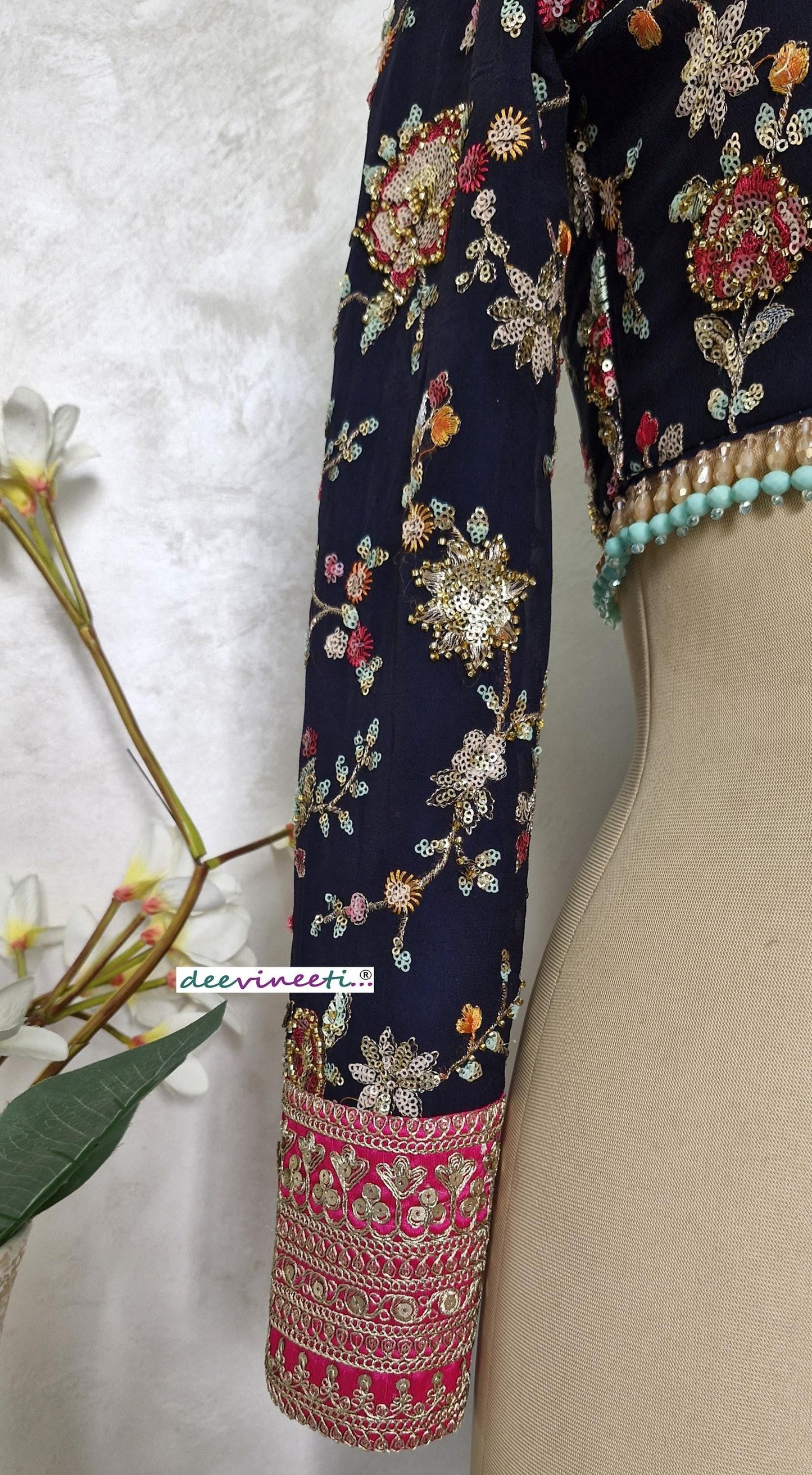 Deep Blue Embroidered Semi Sweetheart Neck Blouse DVBL_401