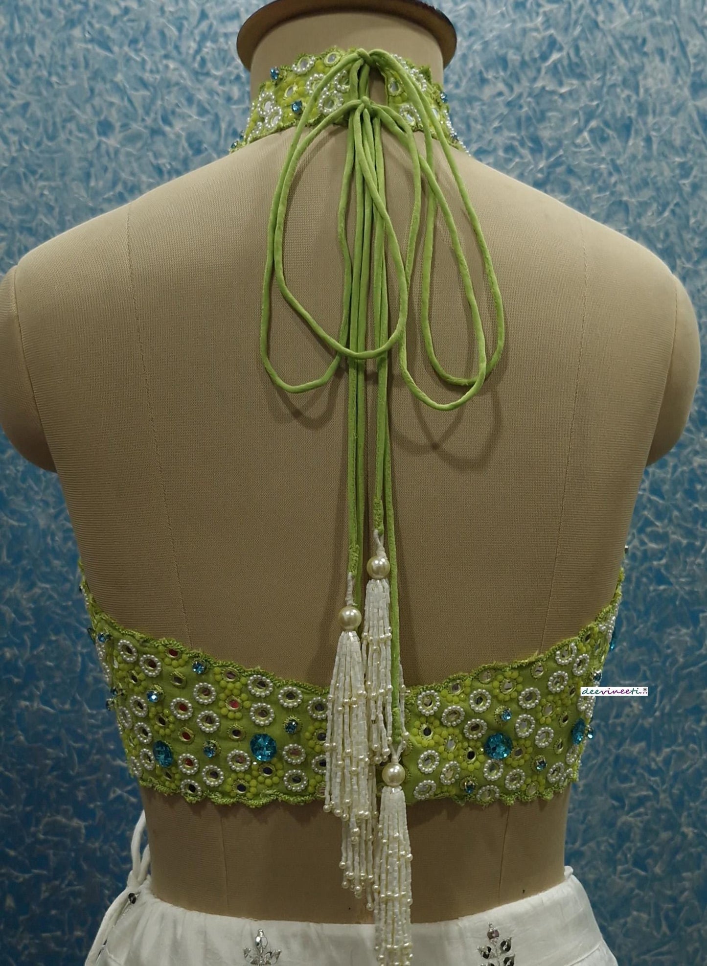 Hand Embroidered Lime Green Halter Blouse DVBL_386