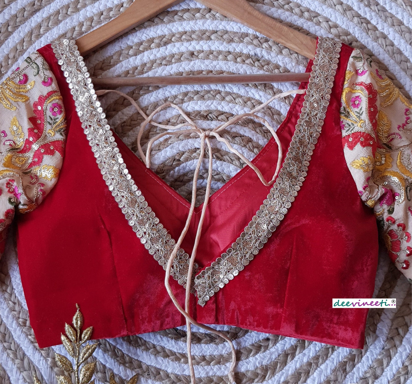Red Velvet Embroidered Sleeves Blouse DVBL_156