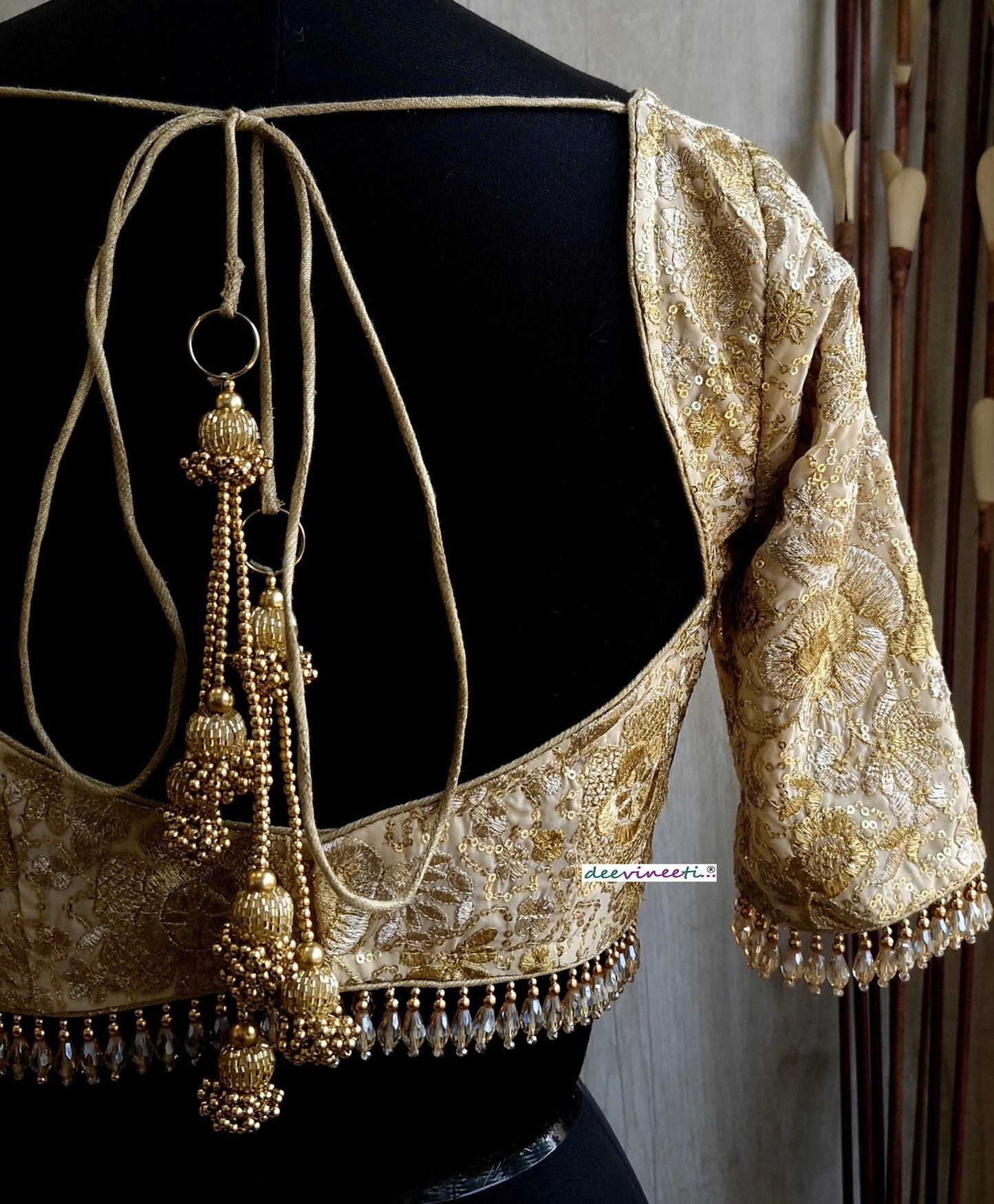 Beige Gold Embroidered Deep Sweetheart Neck Blouse DVBL_380.