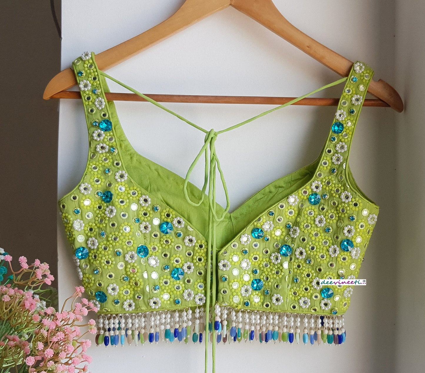 Hand Embroidered Lime Green Deep Sweetheart Neck Blouse  DVBL_287