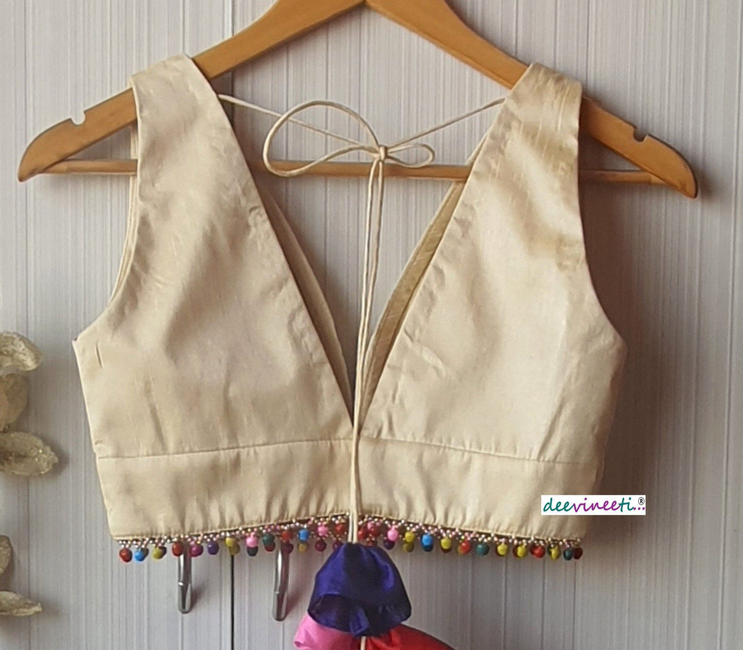 Raw Silk Plunge Neckline Blouse with Multicolor Fringes DVBL_116