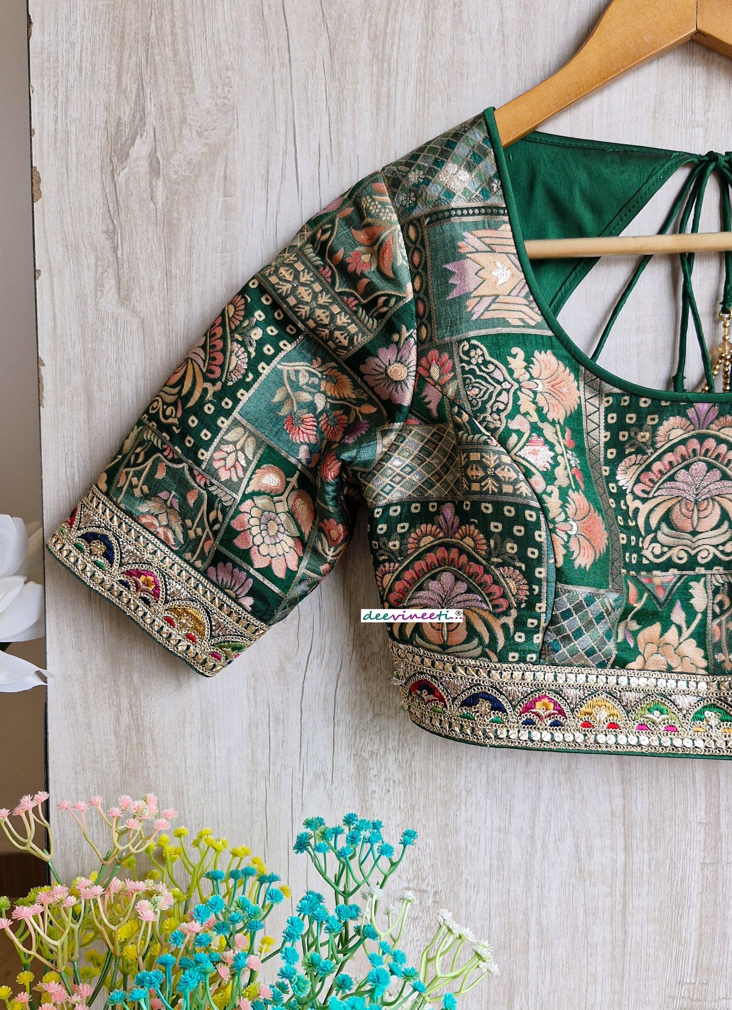 Green Jacquard Silk Round Scoop Neck Blouse DVBL_317
