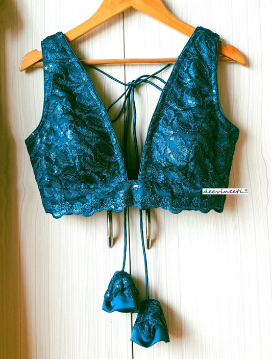 Teal Green Embroidered  Plunge Neckline Blouse DVBL_061
