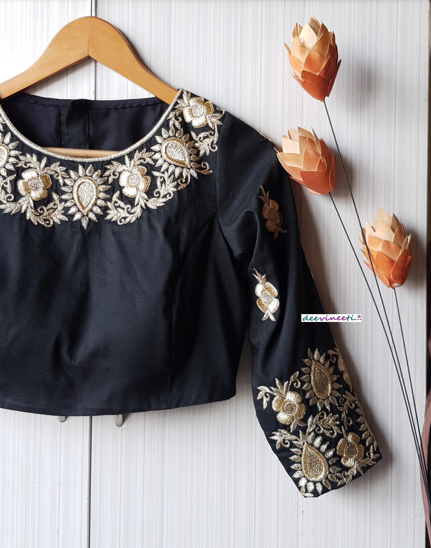 Black Silk Hand Embroidered 3/4th Sleeves Blouse DVBL_236