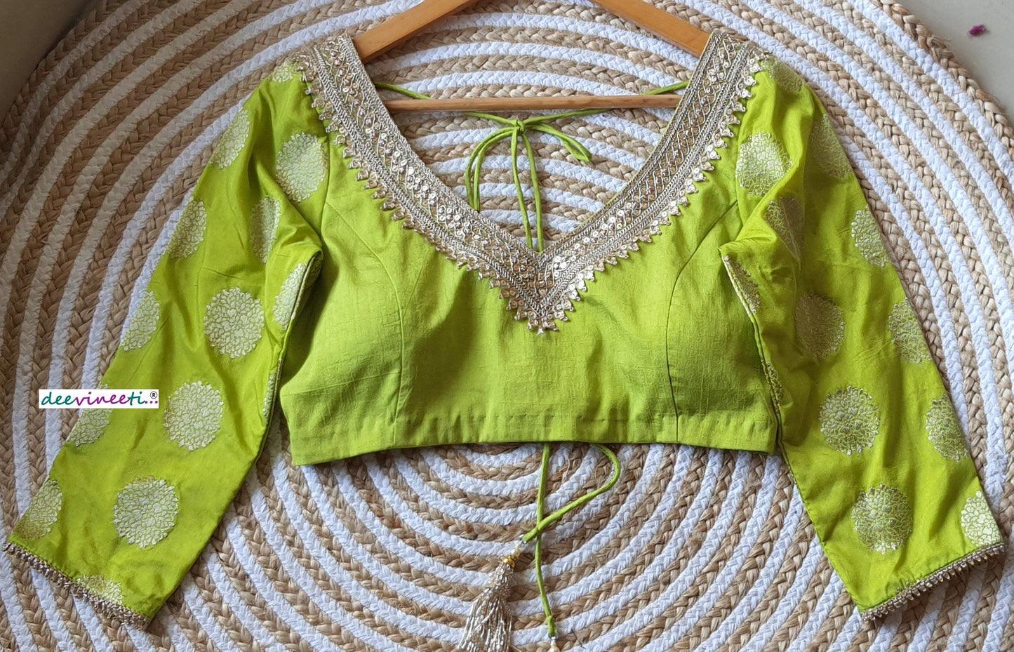 Lime Green Raw Silk Three Fourth Sleeves Blouse DVBL_134