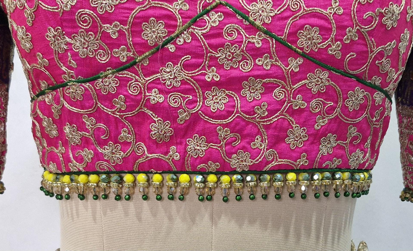 Embroidered Silk Pink and Green Blouse Sweetheart Neck DVBL_449