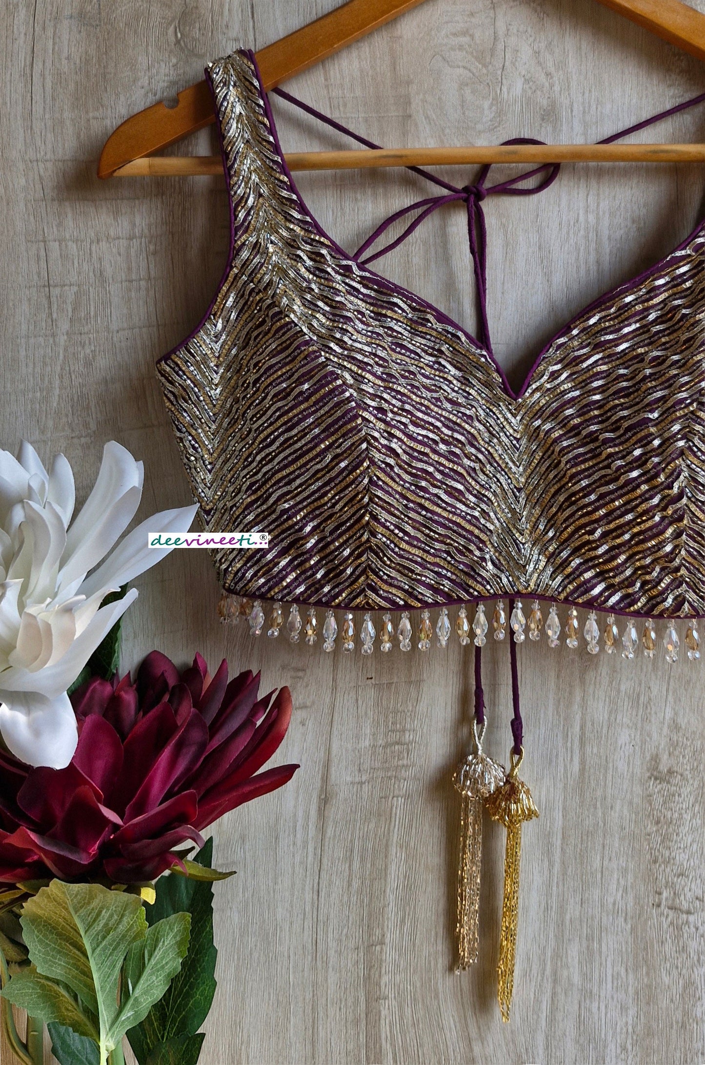 Hand Embroidered Wine with Gold and Silver Cutdana Blouse DVBL_352