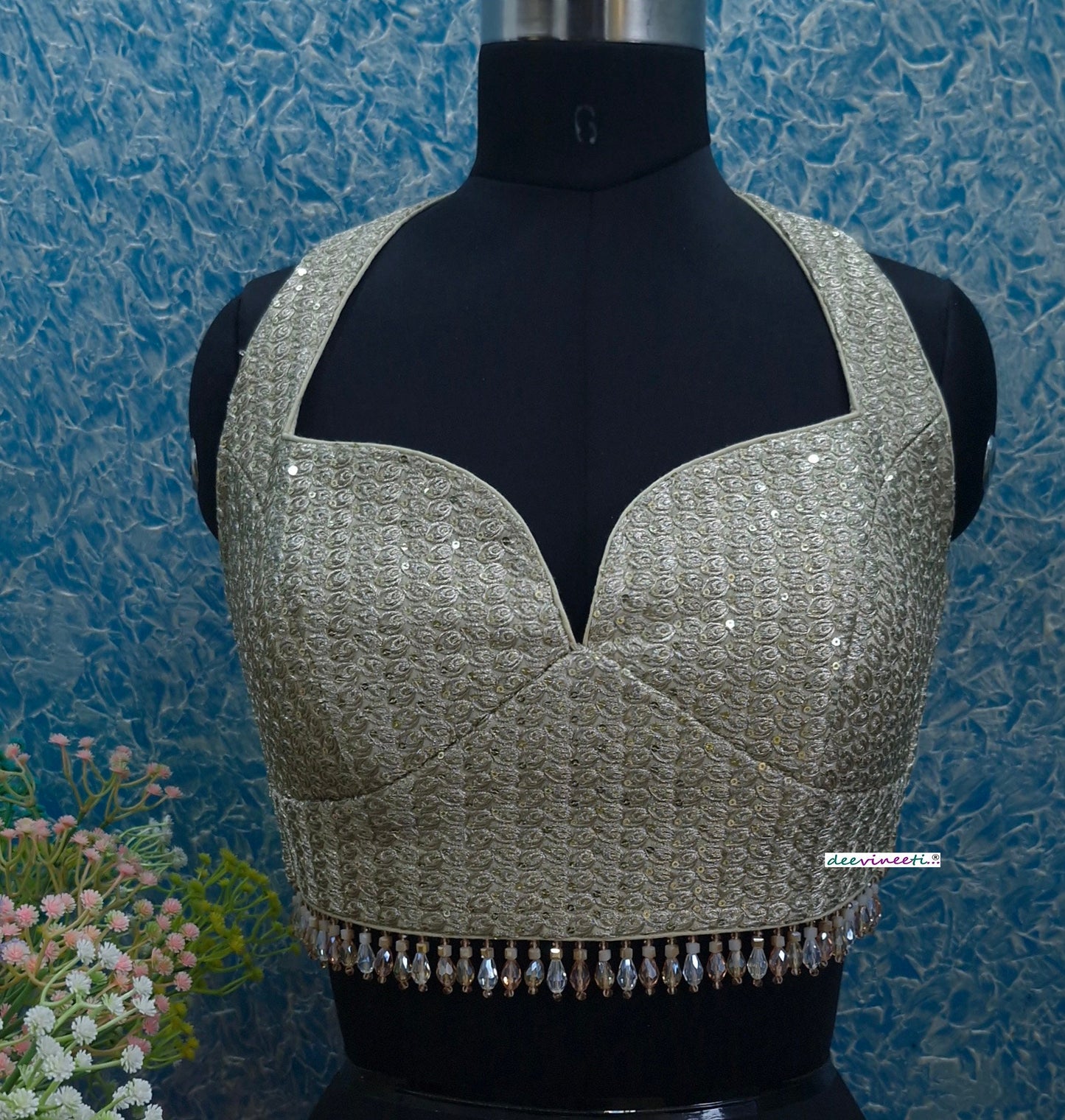 Light Gold Sequins Embroidered Halter Blouse DVBL_356