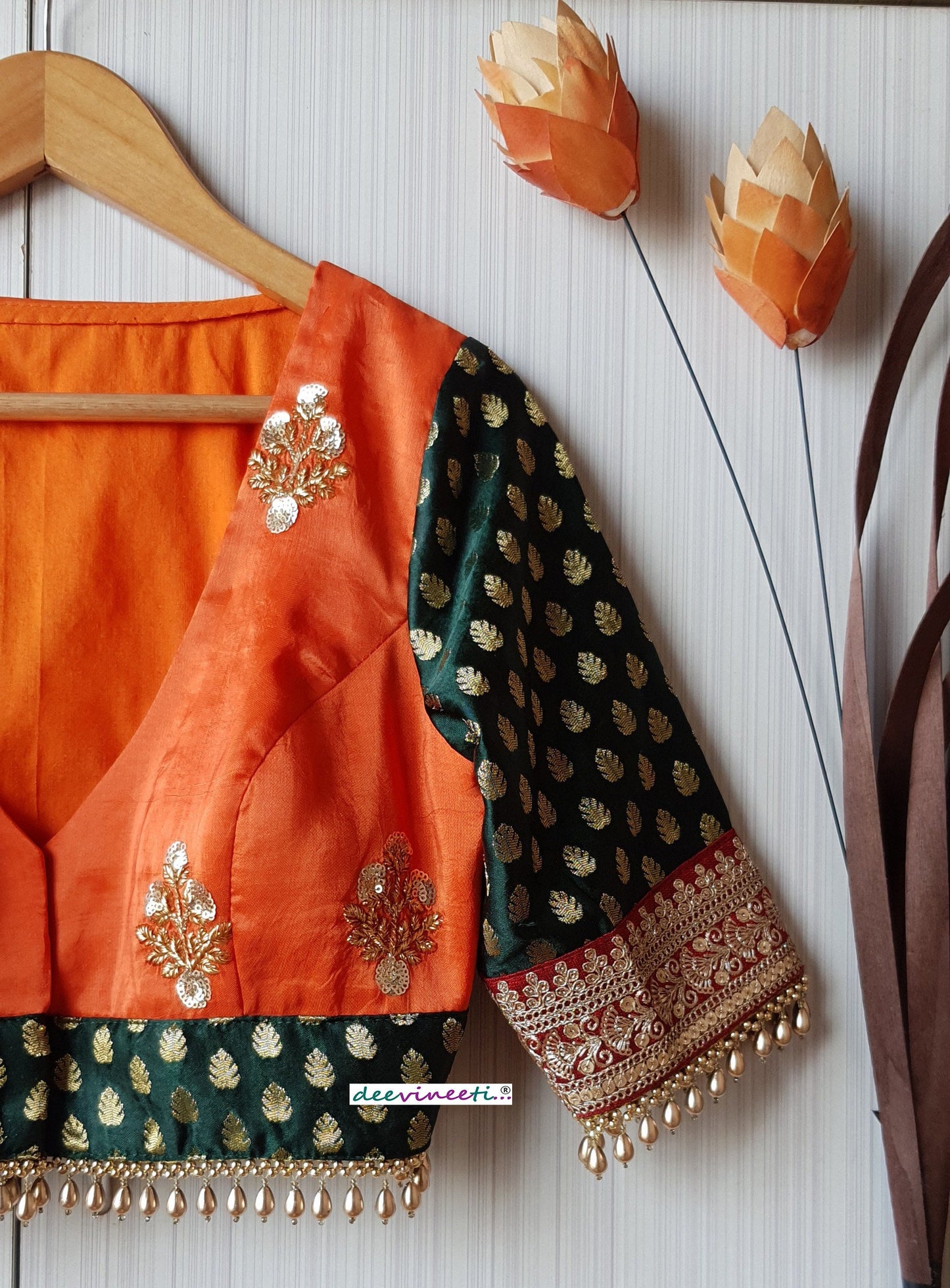 Orange and Green Silk Embroidered  Deep V Neck Blouse  DVBL_218