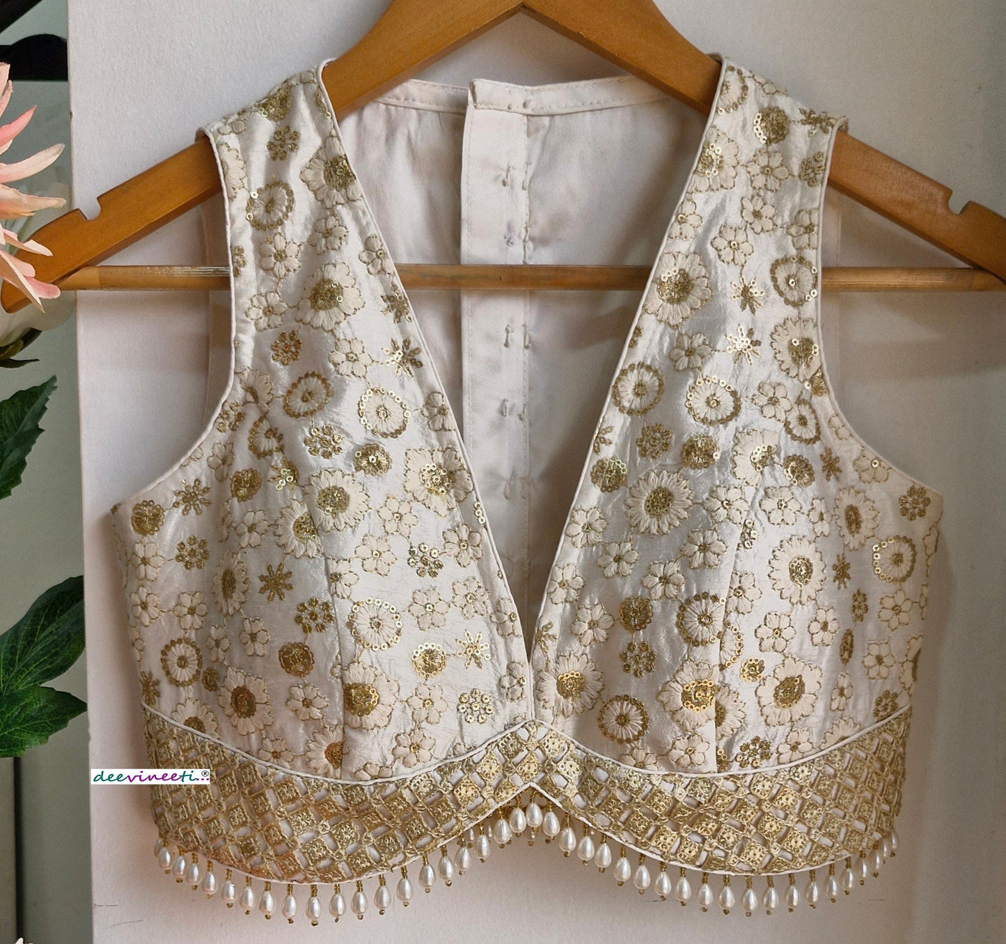 Off-White Embroidered Silk V Neck Blouse DVBL_313