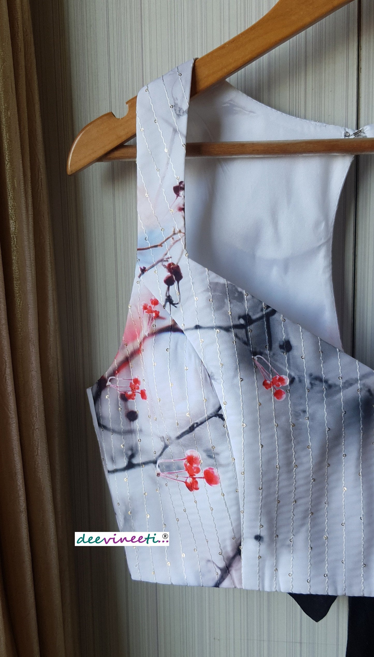 Printed Embroidered White Crepe Halter Blouse DVBL_173