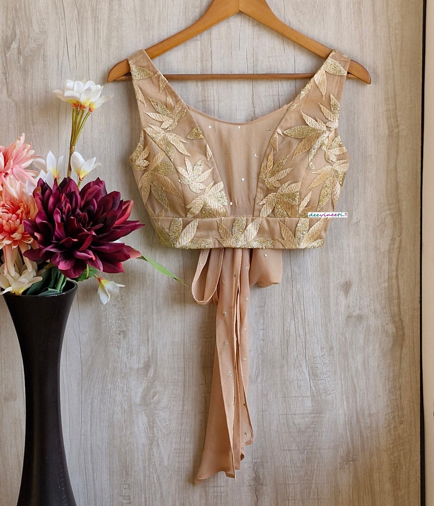 Embroidered Beige Boat Neck Tie Blouse DVBL_346.