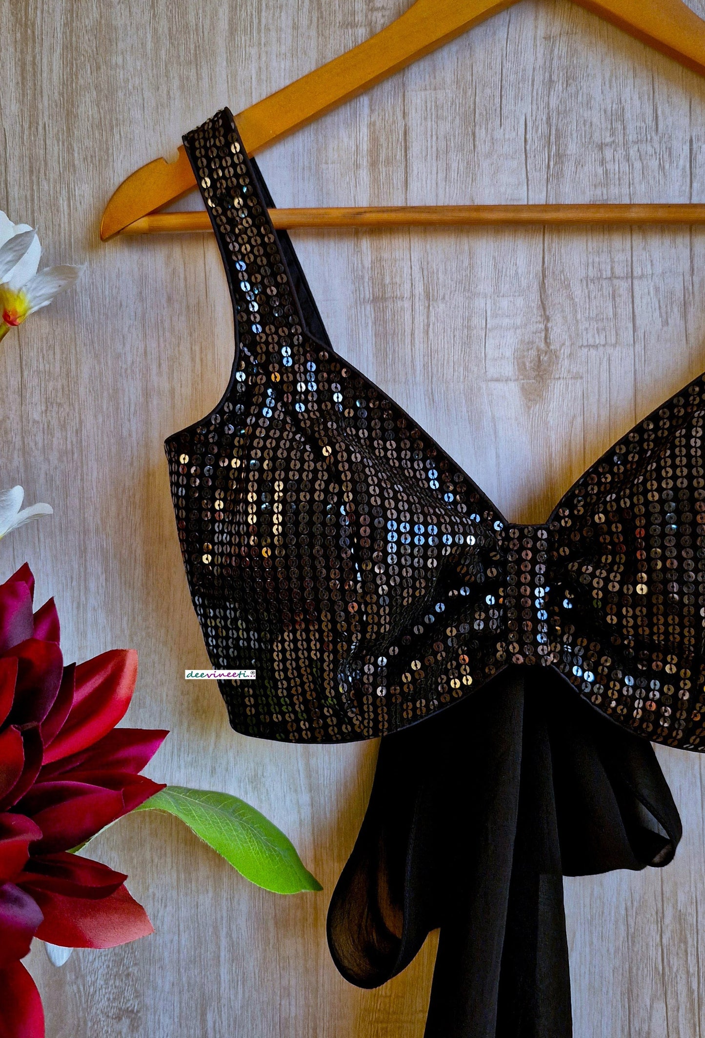 Black Sequins Embroidered Sweetheart Neck Tie Blouse DVBL_341