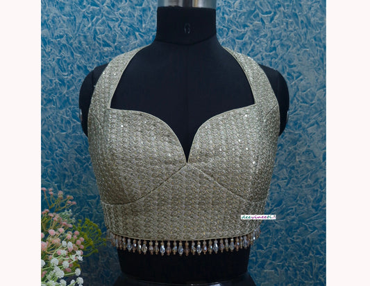 Light Gold Sequins Embroidered Halter Blouse DVBL_356