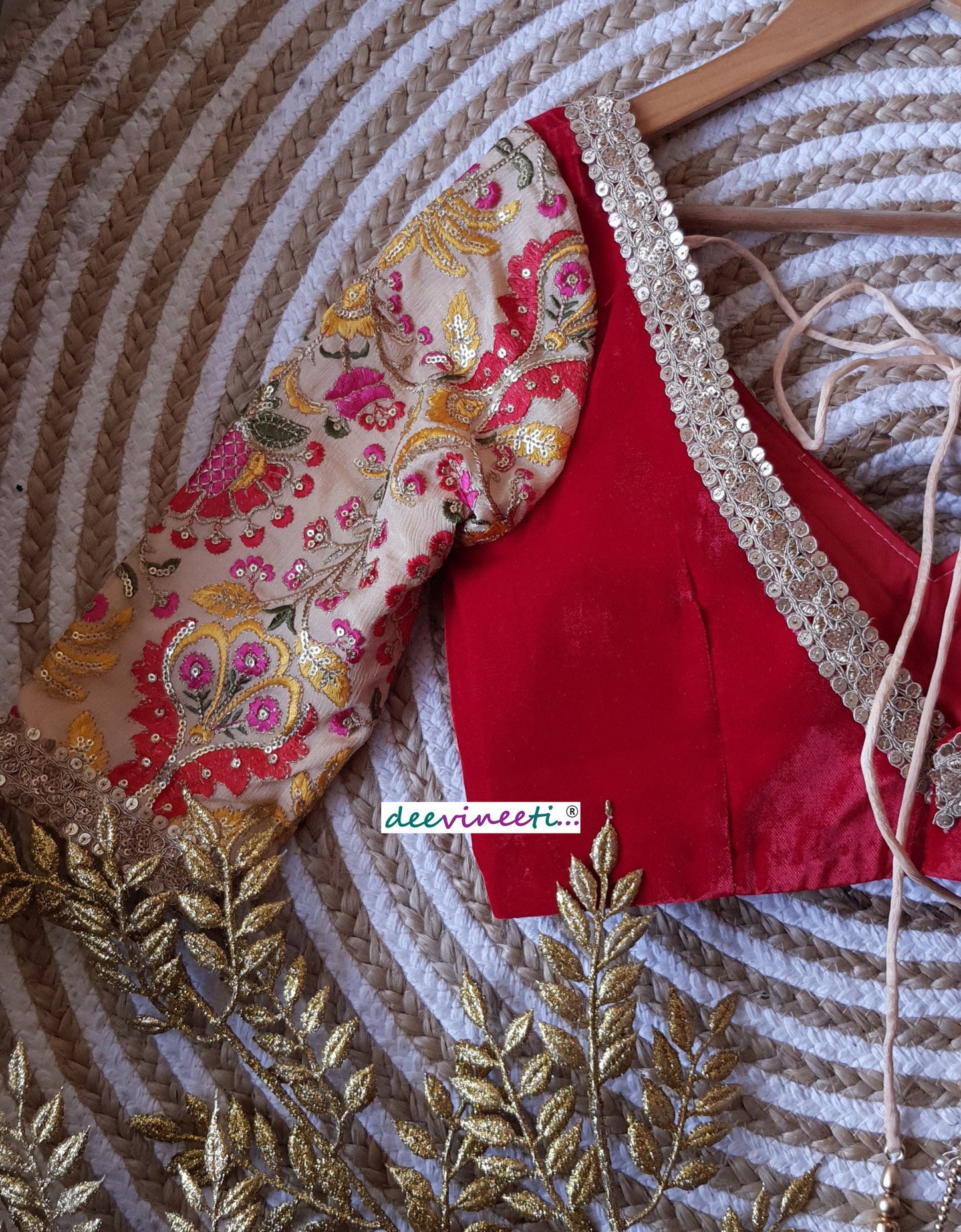 Red Velvet Embroidered Sleeves Blouse DVBL_156