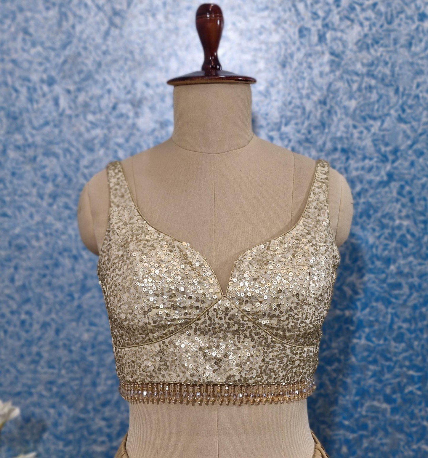 Light Gold Sequins Tissue Silk Sweetheart Neck Blouse DVBL_435