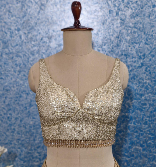 Light Gold Sequins Tissue Silk Sweetheart Neck Blouse DVBL_435