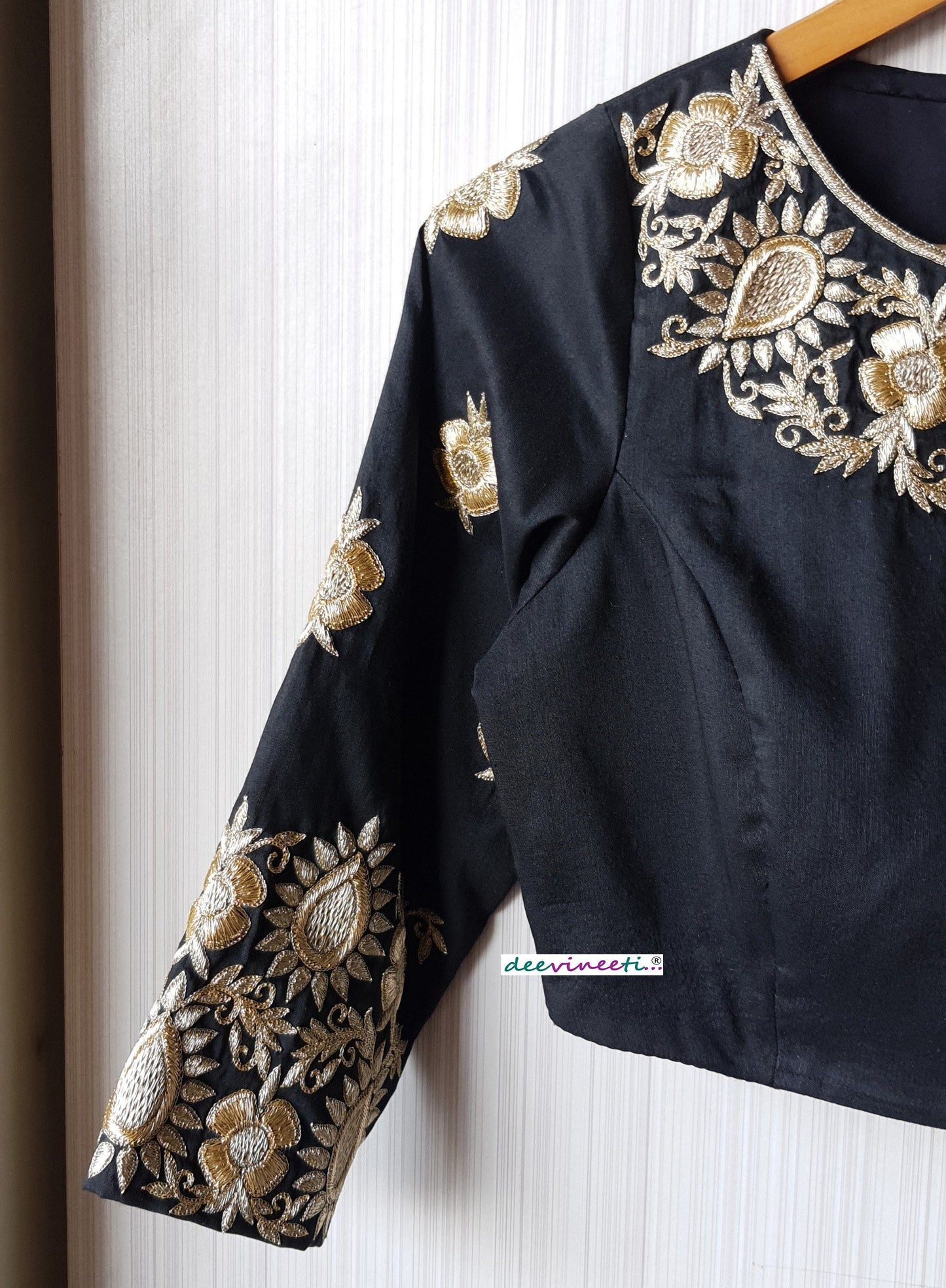 Black Silk Hand Embroidered 3/4th Sleeves Blouse DVBL_236
