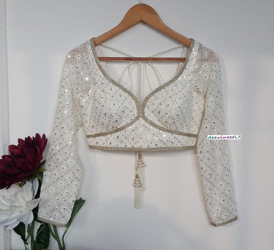 Off-White Chikankari Sweetheart Neck Long Sleeves Blouse DVBL_307