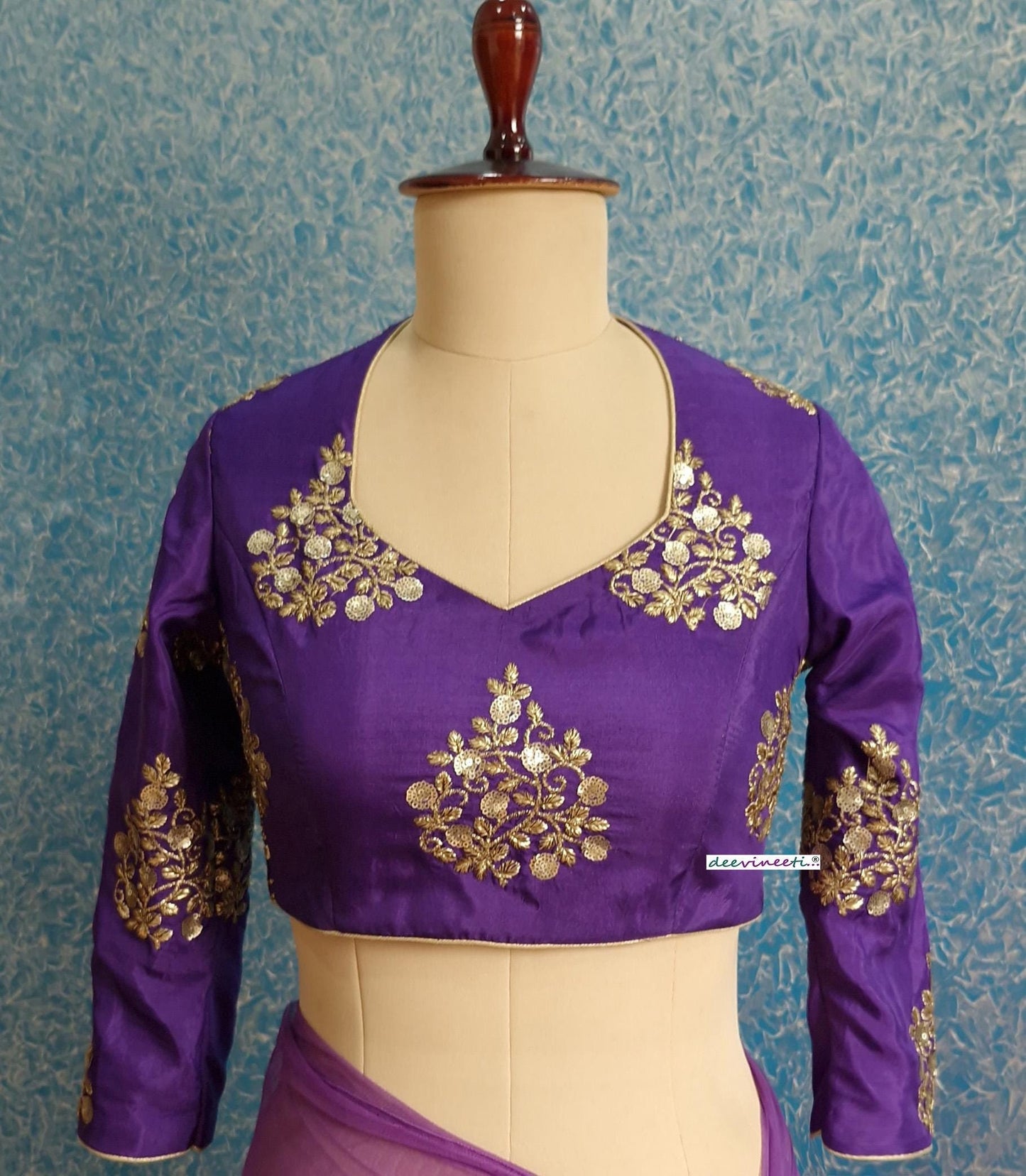 Purple Embroidered Silk Three Fourth Sleeves Blouse DVBL_384