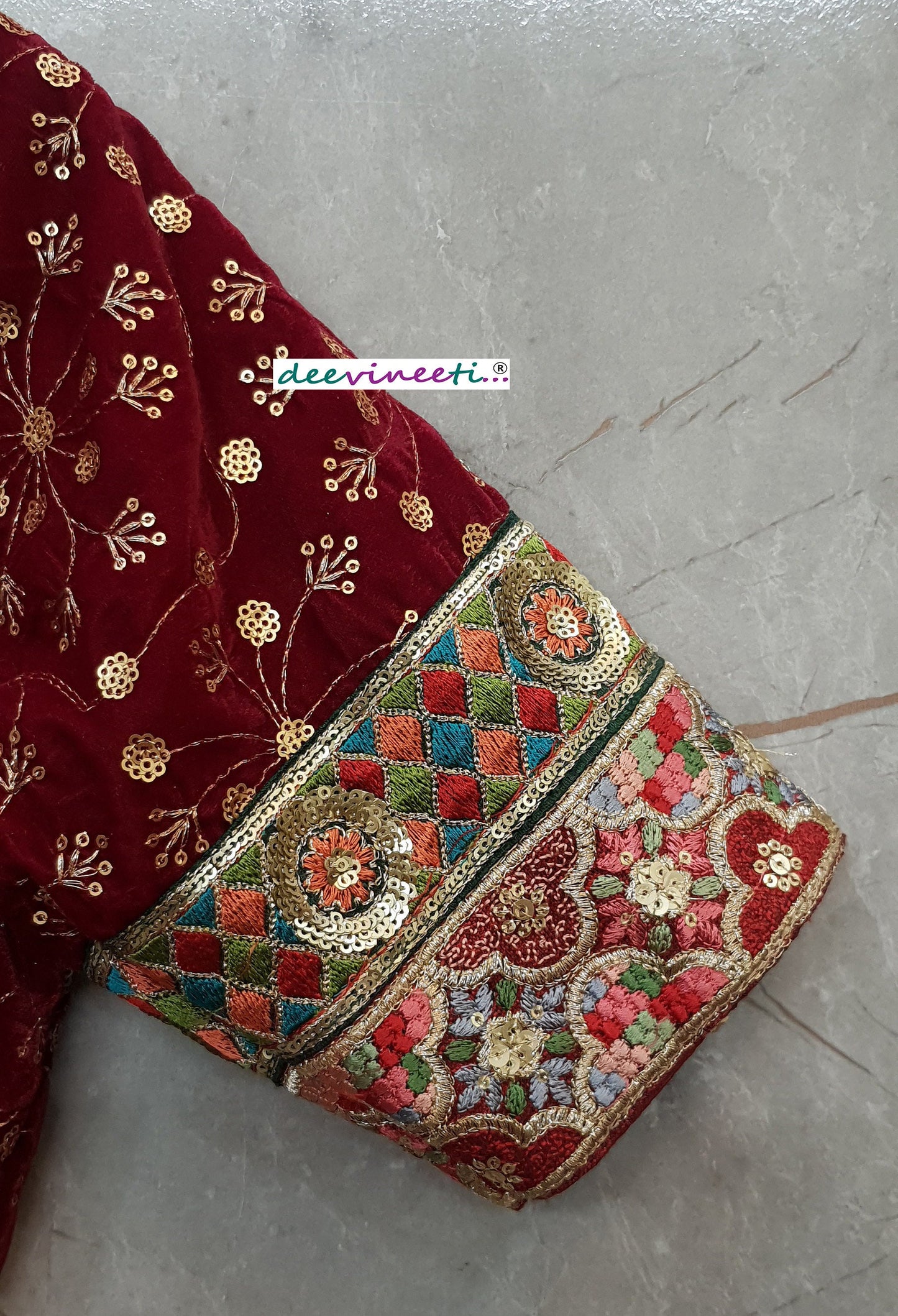 Maroon Embroidered Velvet Deep V Neck Blouse DVBL_200