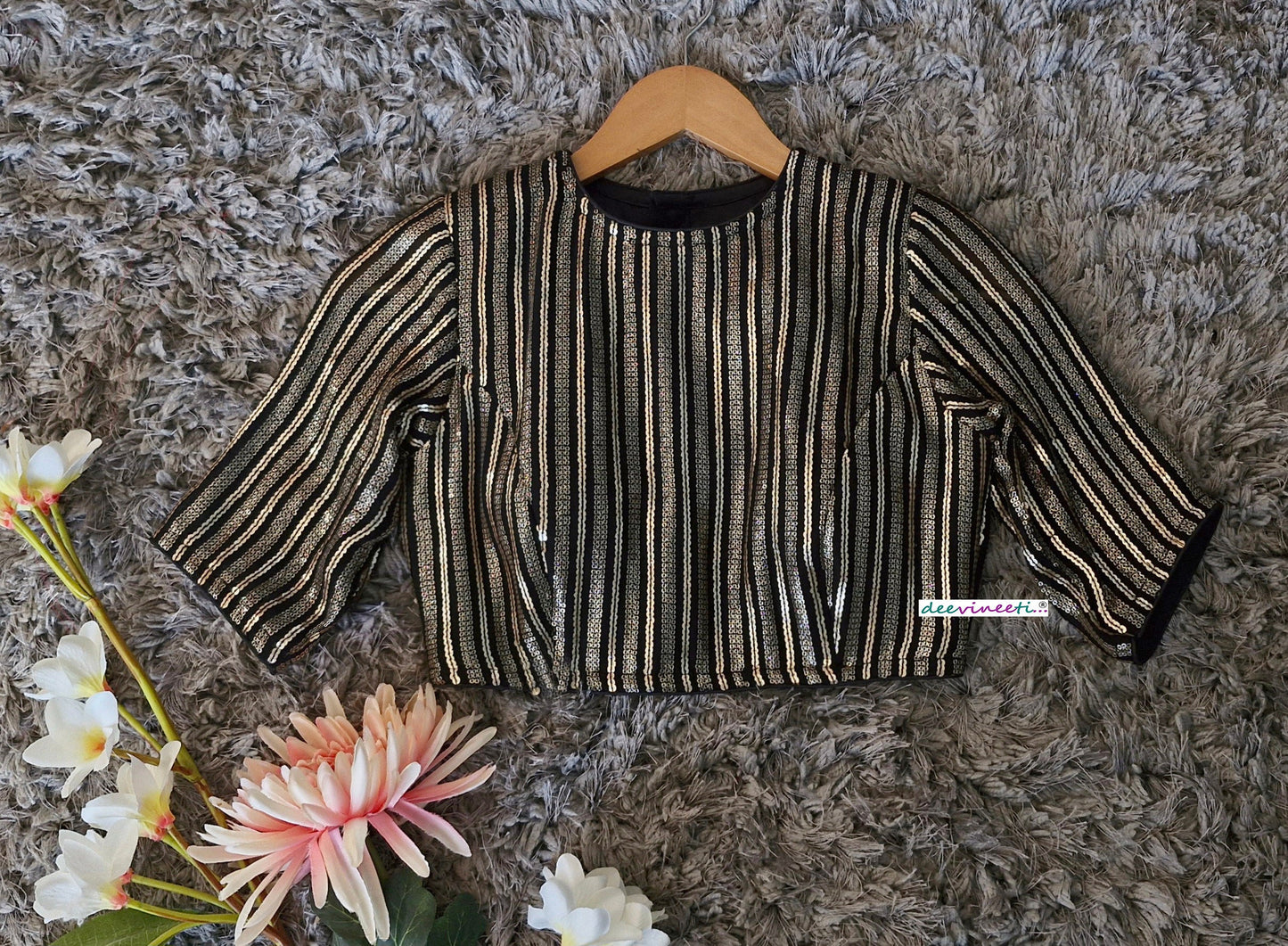 Black and Gold Sequins Embroidered Jewel Neck Blouse DVBL_350