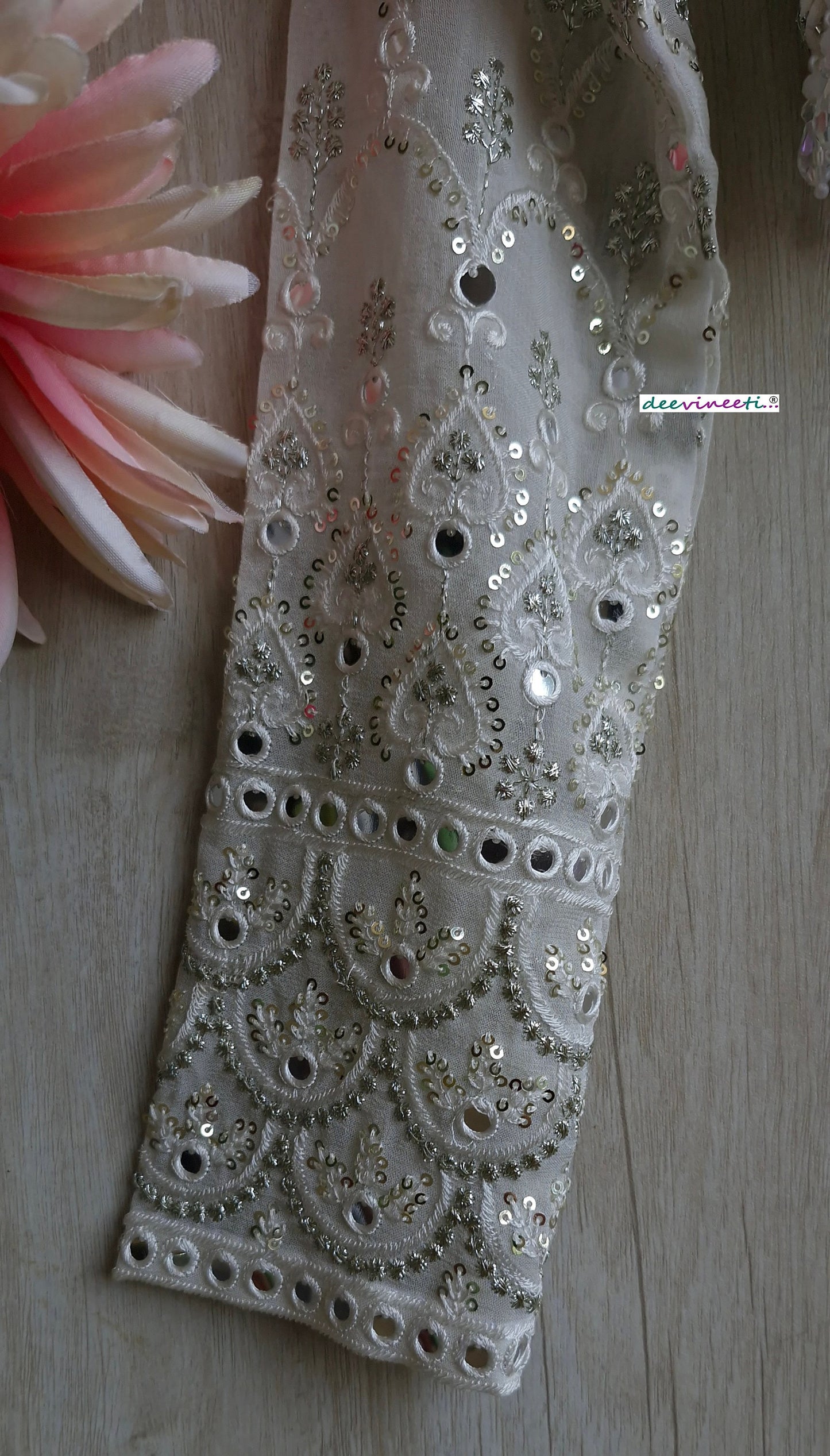 White and Silver Embroidered  Long Sleeves  Blouse DVBL_349