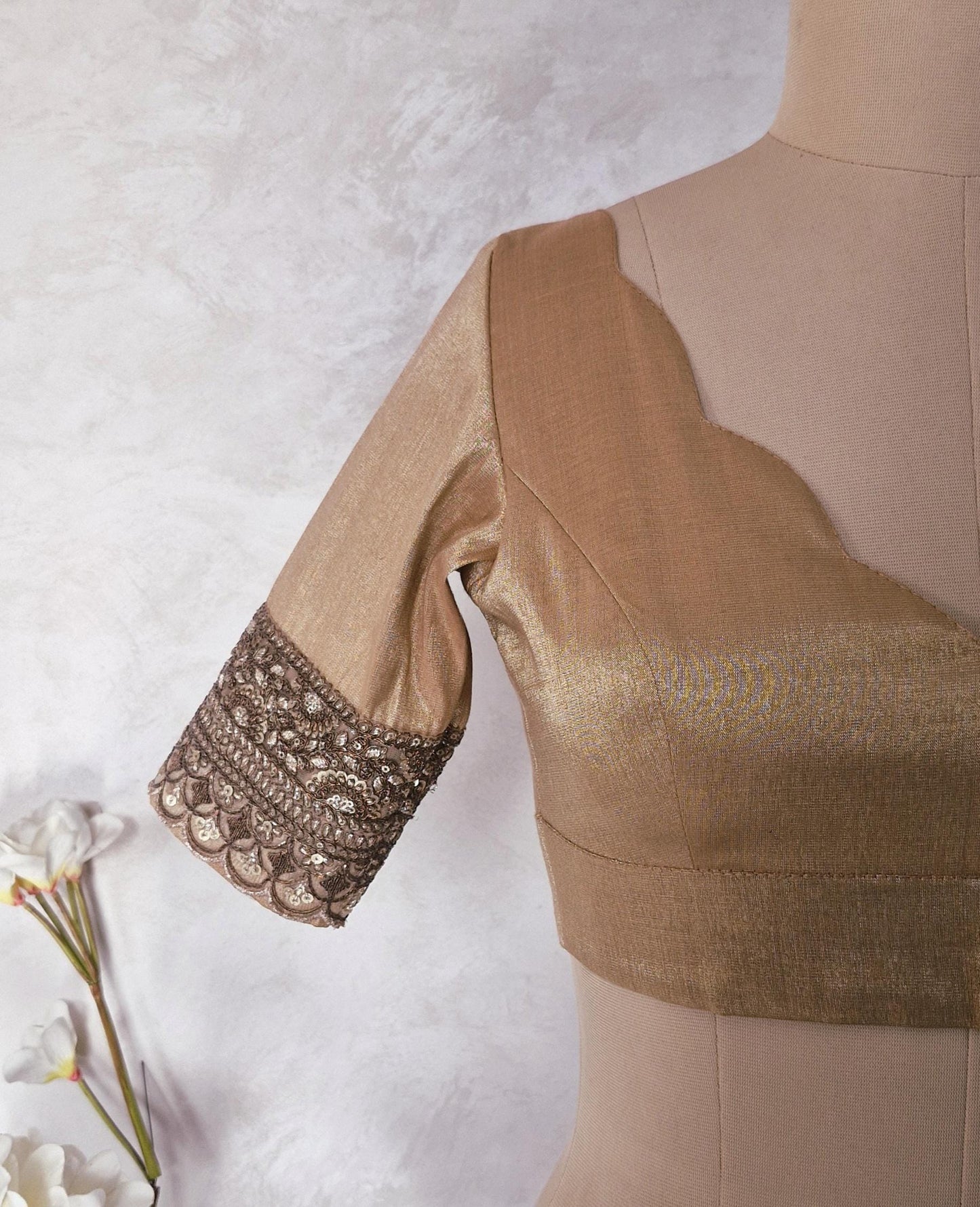 Copper Rose Gold Banarasi Tissue  Scallop Neck  Blouse DVBL_444
