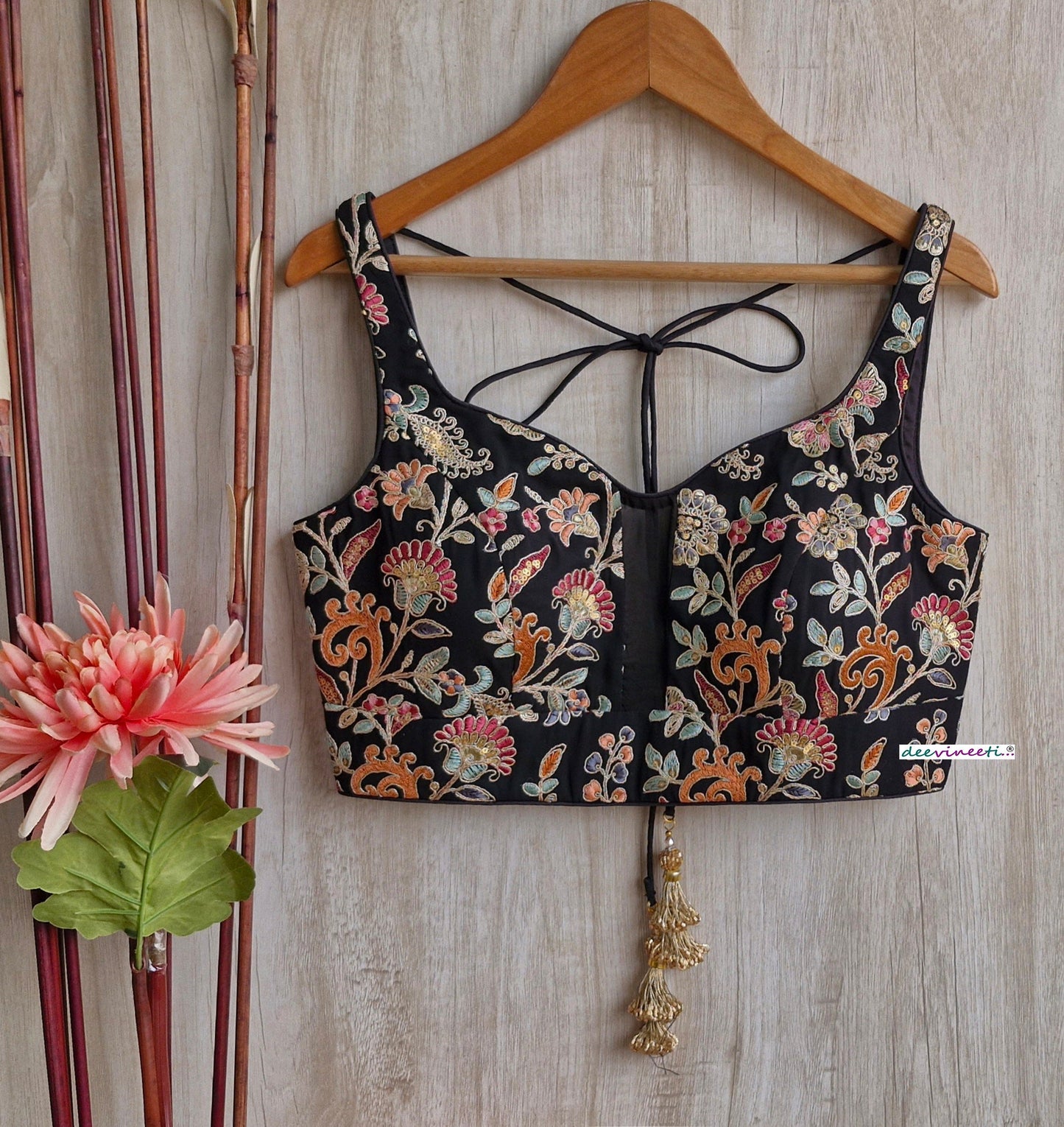 Black Embroidered  Sweetheart Neck Blouse DVBL_314