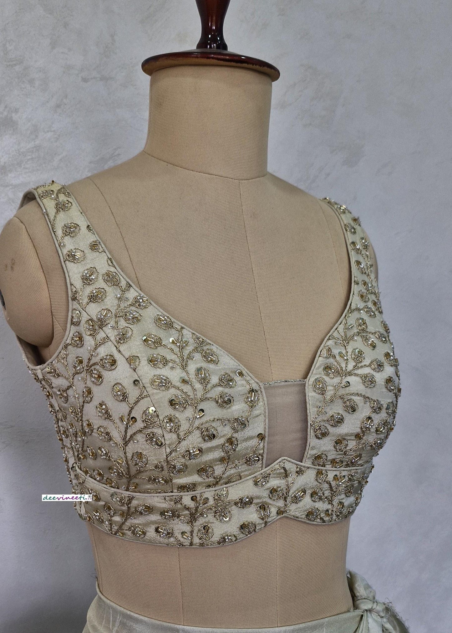 Cream Embroidered Tissue Silk Sweetheart Neck Blouse DVBL_404