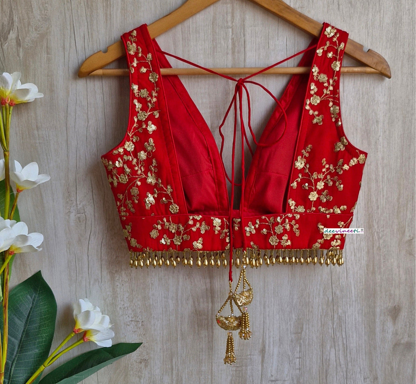Red Embroidered Plunge Neckline DVBL_310