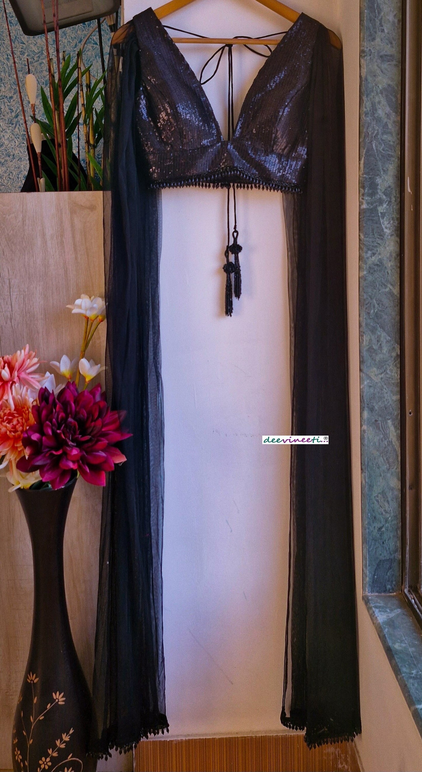 Black Sequins Embroidered Plunge Neck Cape Blouse DVBL_342